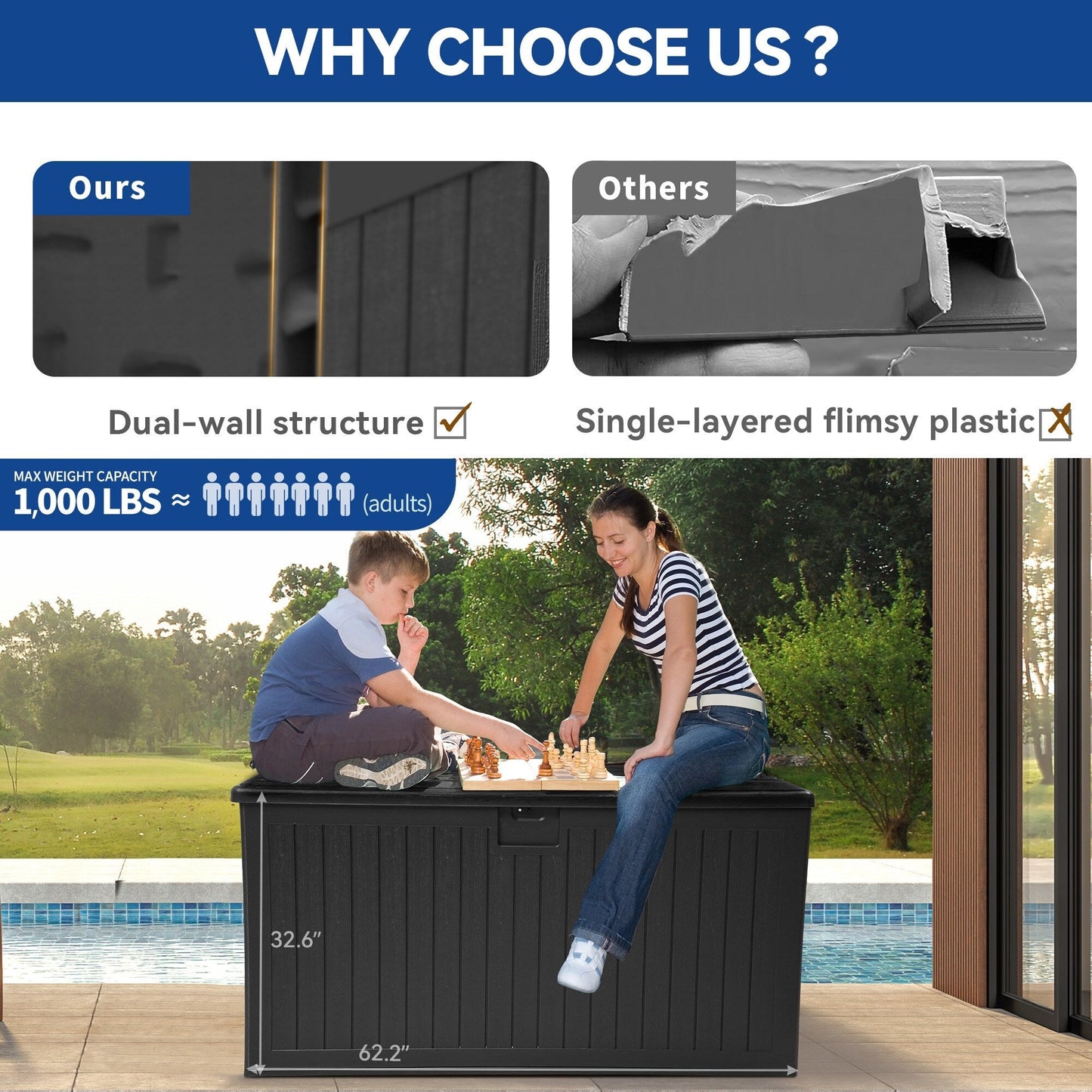 Coffre de pont verrouillable en résine résistant à l'eau de 120 à 260 gallons