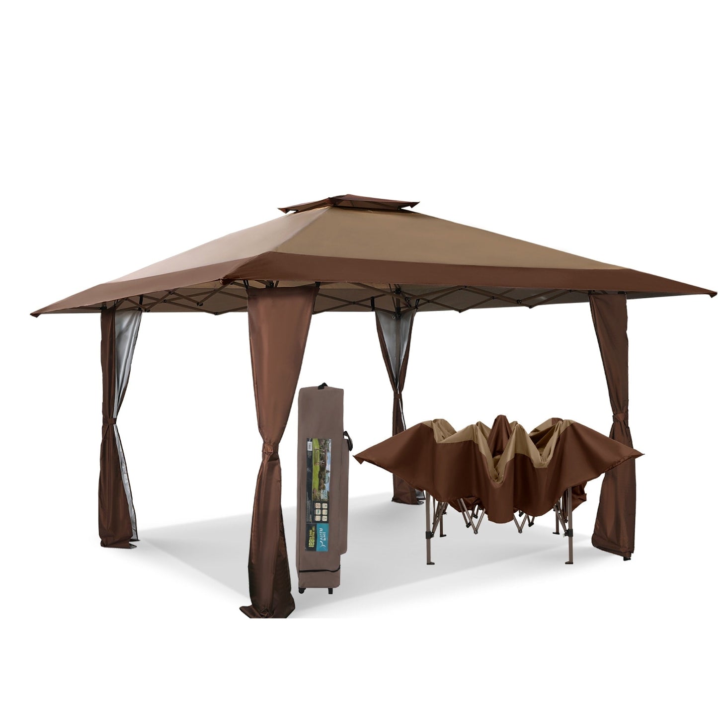 Gazebo de jardin renforcé escamotable avec rideau d'angle élégant - 13 x 13 pi