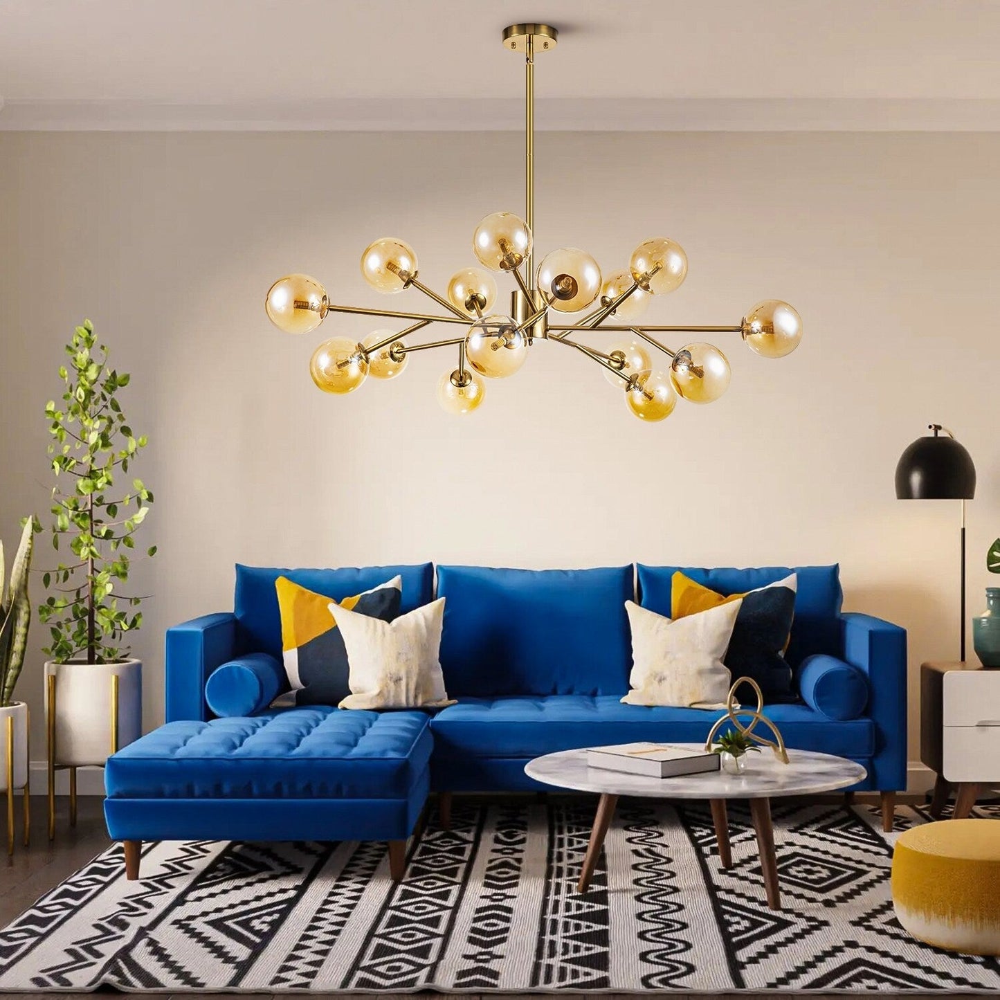 Lustre linéaire moderne à 15 lumières pour îlot de cuisine Sputnik avec branches et globes en verre