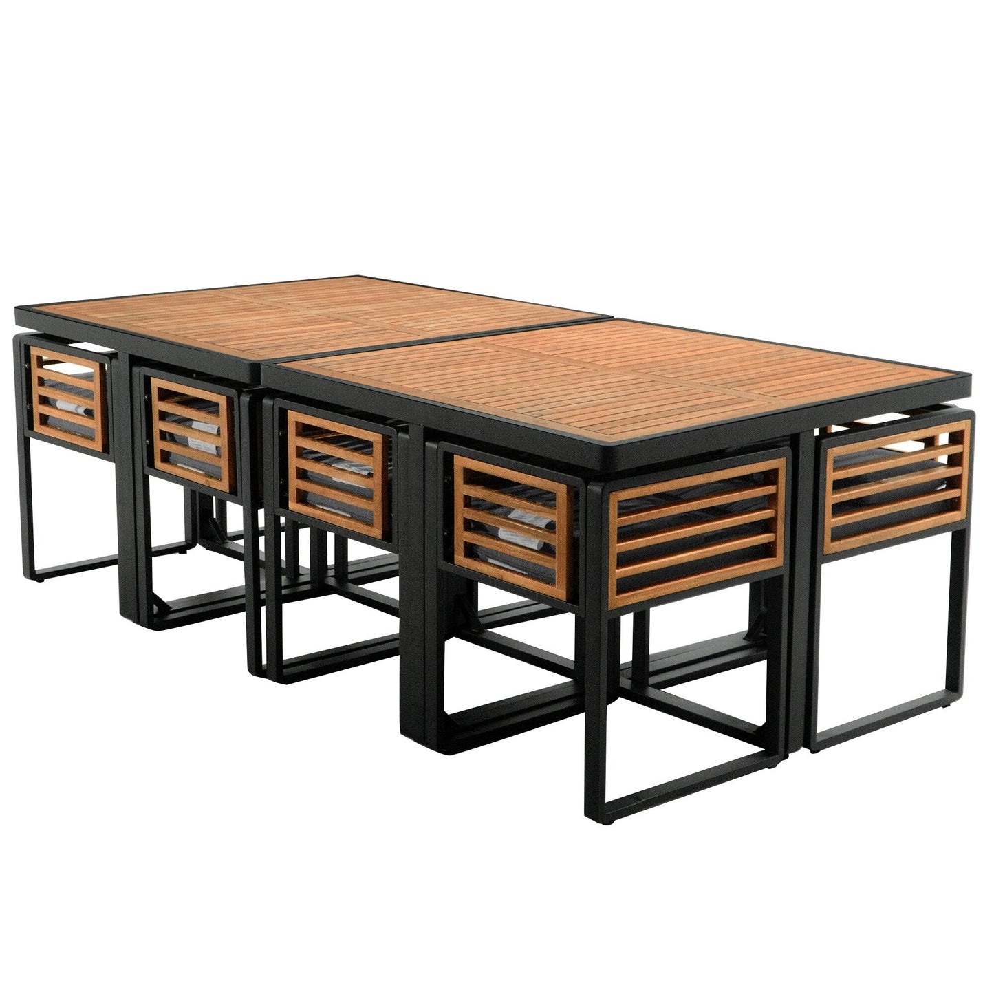 Ensemble de salle à manger de patio en bois d'acacia 18 pièces, 8 chaises rembourrées, 8 poufs et 2 tables carrées