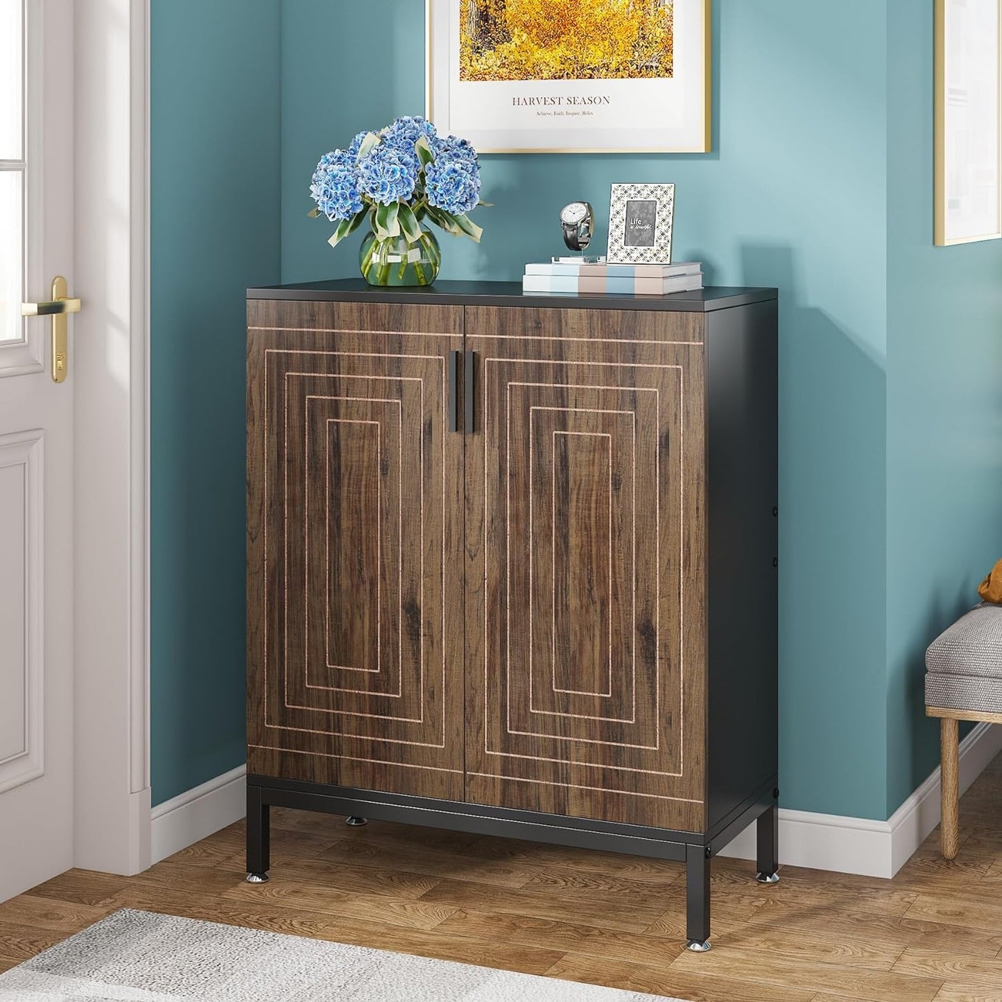 Meuble à chaussures moderne de 95 cm avec portes, blanc et doré, pour 20 paires de chaussures