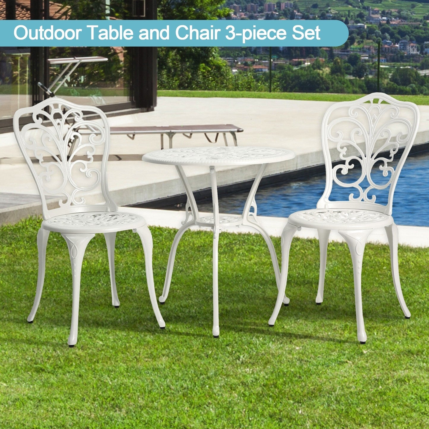 Ensemble de 3 tables et chaises papillon en aluminium pour patio extérieur avec trou pour parasol