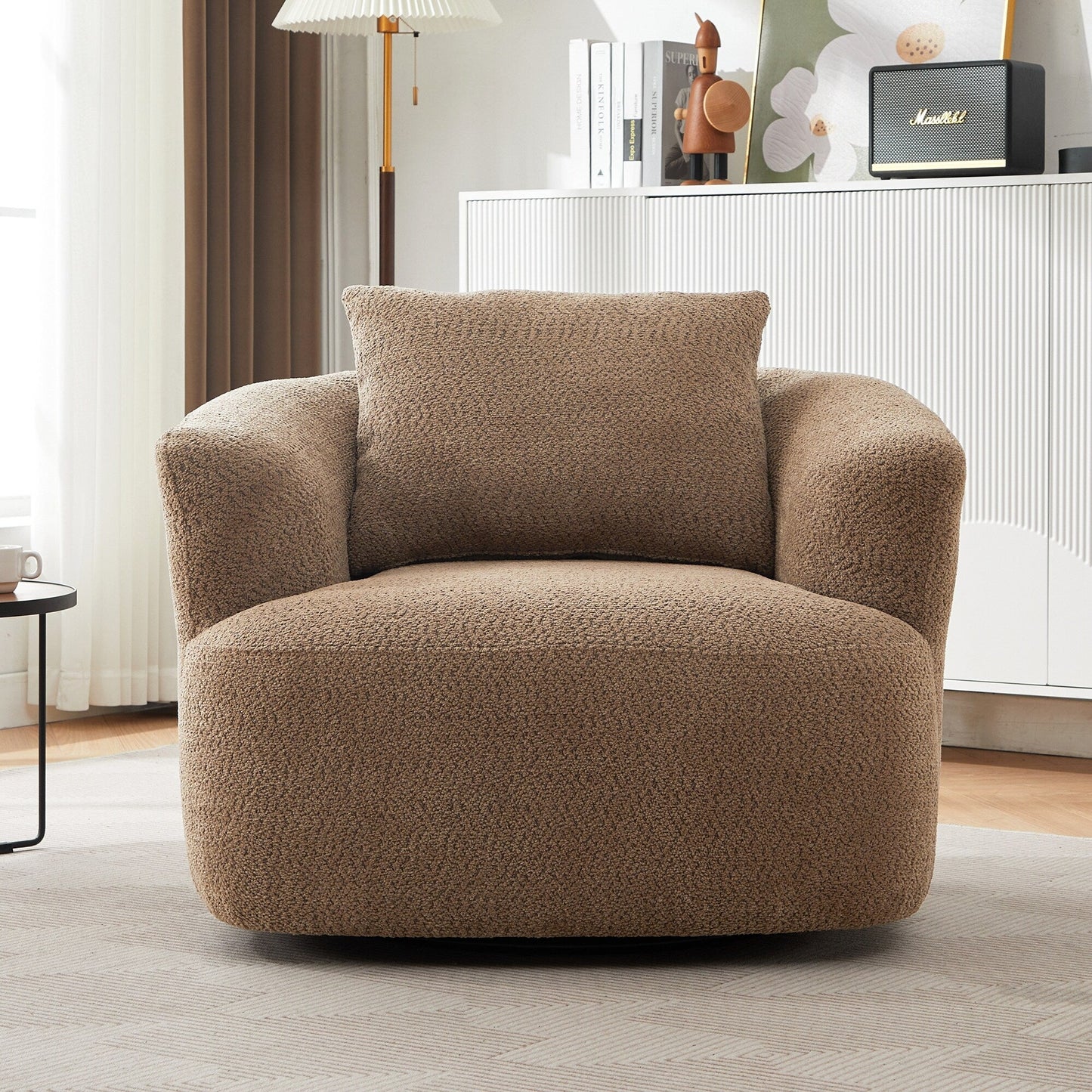 Fauteuil pivotant à 360°, fauteuil d'appoint Boucle 38,2" avec coussin décoratif, fauteuil rembourré en forme de tonneau avec accoudoirs incurvés