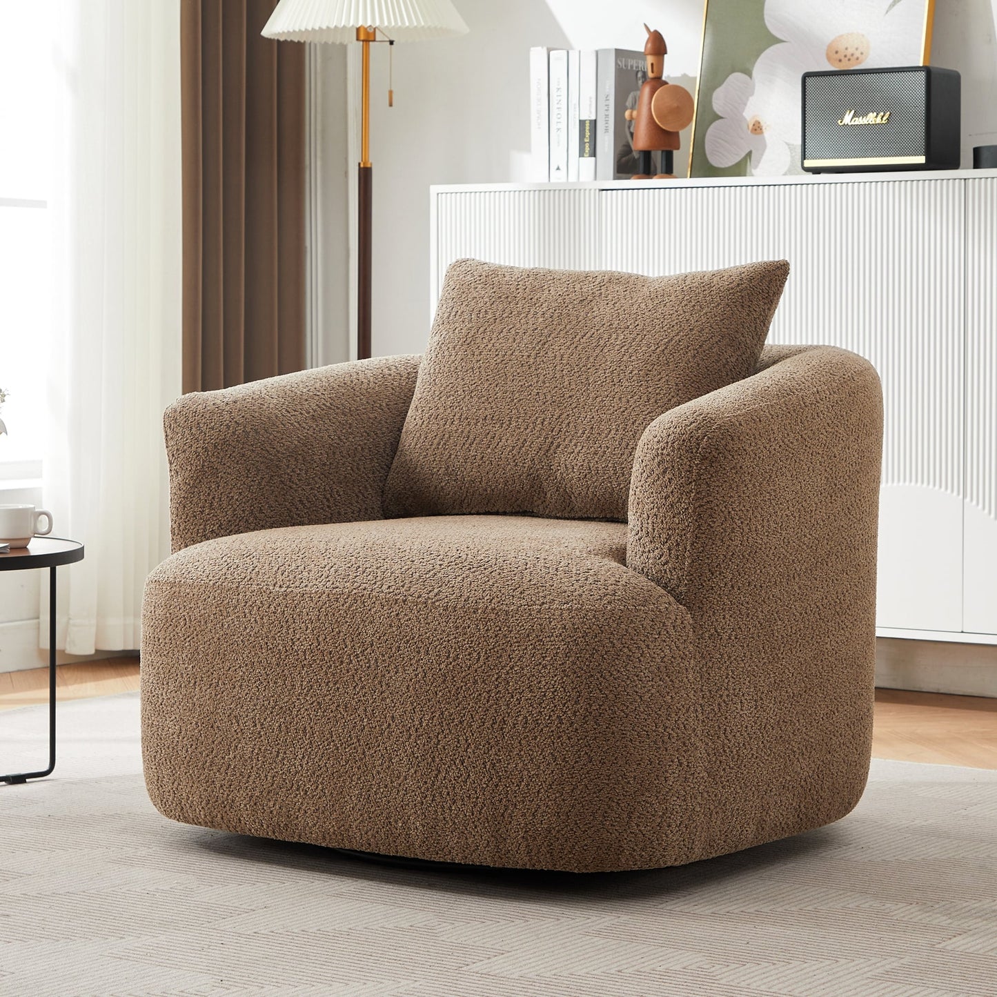 Fauteuil pivotant à 360°, fauteuil d'appoint Boucle 38,2" avec coussin décoratif, fauteuil rembourré en forme de tonneau avec accoudoirs incurvés
