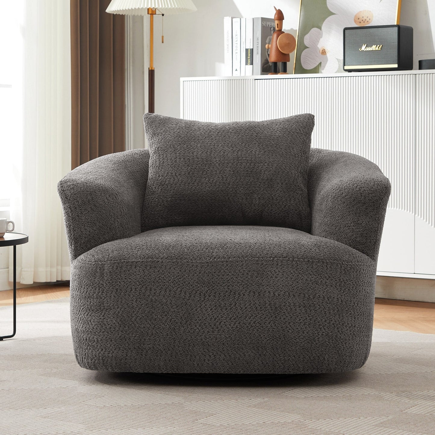 Fauteuil pivotant à 360°, fauteuil d'appoint Boucle 38,2" avec coussin décoratif, fauteuil rembourré en forme de tonneau avec accoudoirs incurvés