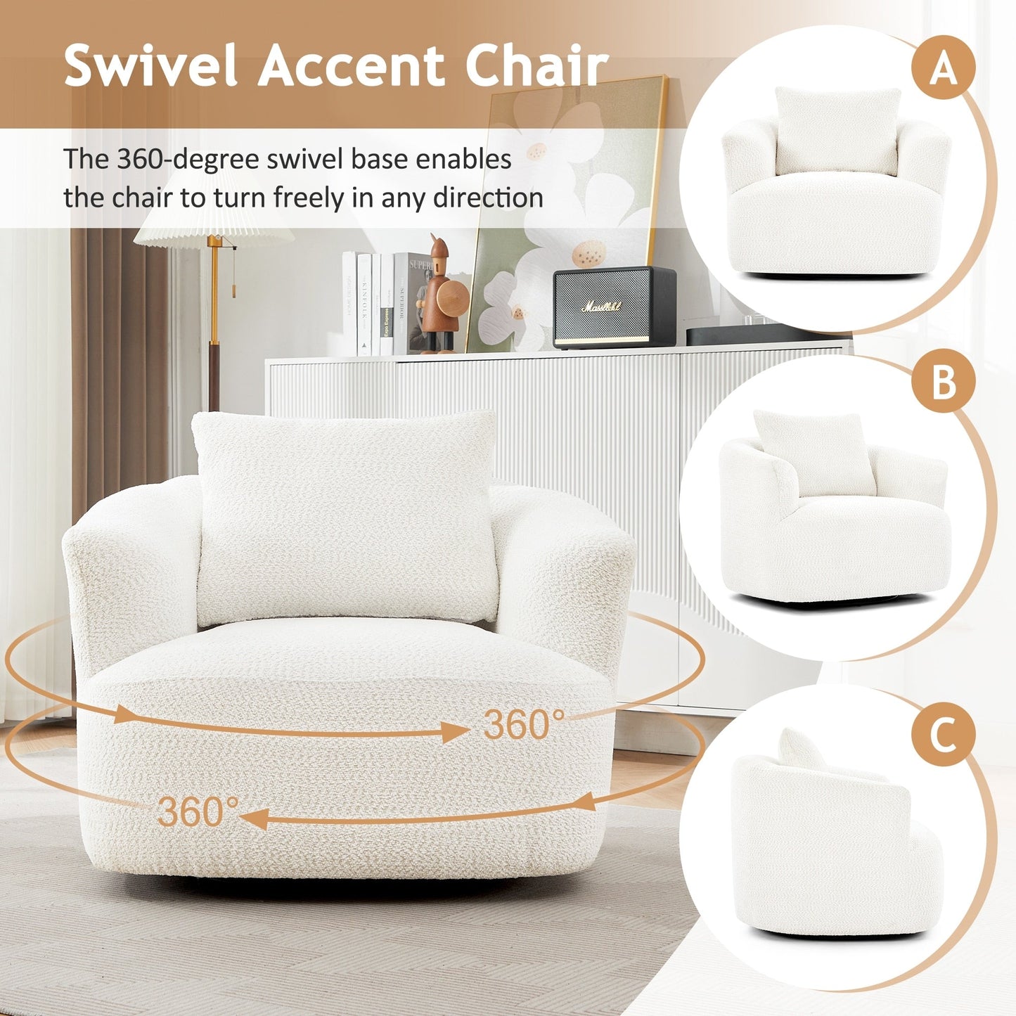 Fauteuil pivotant à 360°, fauteuil d'appoint Boucle 38,2" avec coussin décoratif, fauteuil rembourré en forme de tonneau avec accoudoirs incurvés
