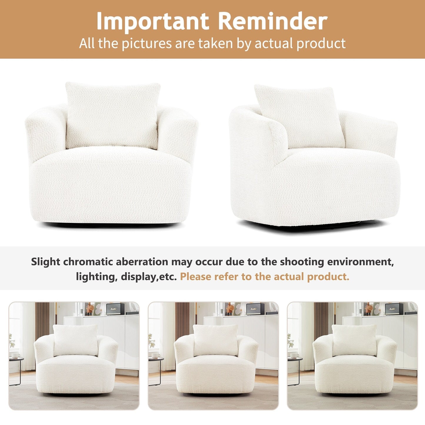 Fauteuil pivotant à 360°, fauteuil d'appoint Boucle 38,2" avec coussin décoratif, fauteuil rembourré en forme de tonneau avec accoudoirs incurvés