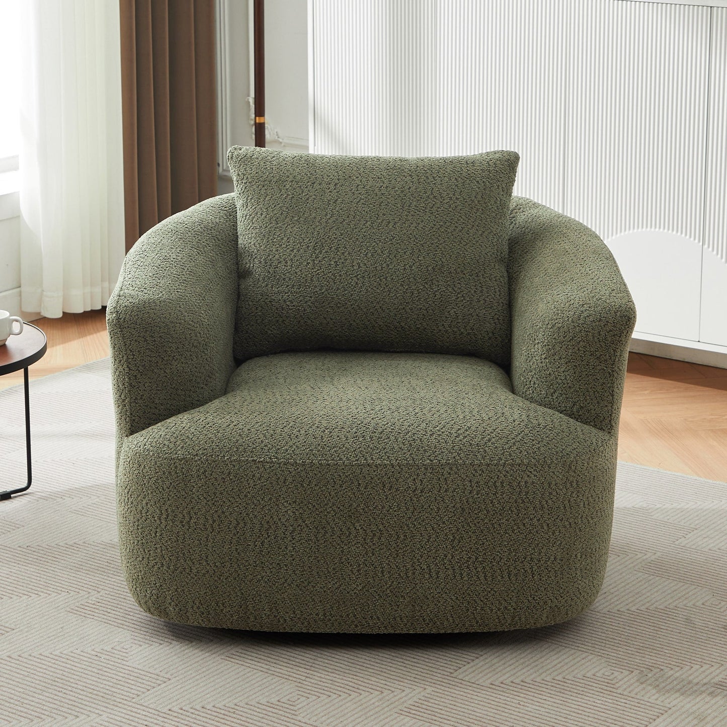 Fauteuil pivotant à 360°, fauteuil d'appoint Boucle 38,2" avec coussin décoratif, fauteuil rembourré en forme de tonneau avec accoudoirs incurvés