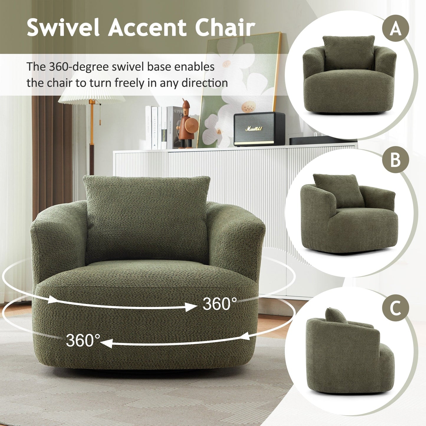 Fauteuil pivotant à 360°, fauteuil d'appoint Boucle 38,2" avec coussin décoratif, fauteuil rembourré en forme de tonneau avec accoudoirs incurvés