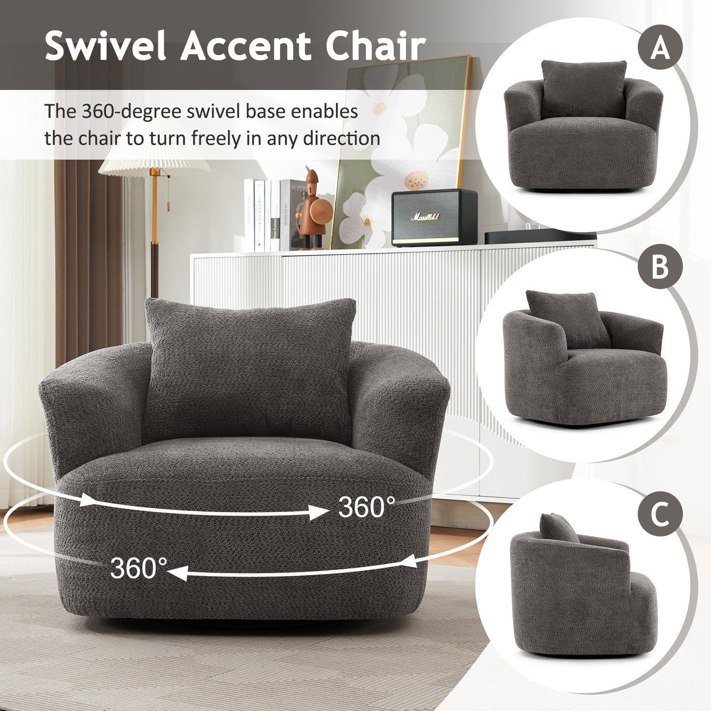 Fauteuil pivotant à 360°, fauteuil d'appoint Boucle 38,2" avec coussin décoratif, fauteuil rembourré en forme de tonneau avec accoudoirs incurvés