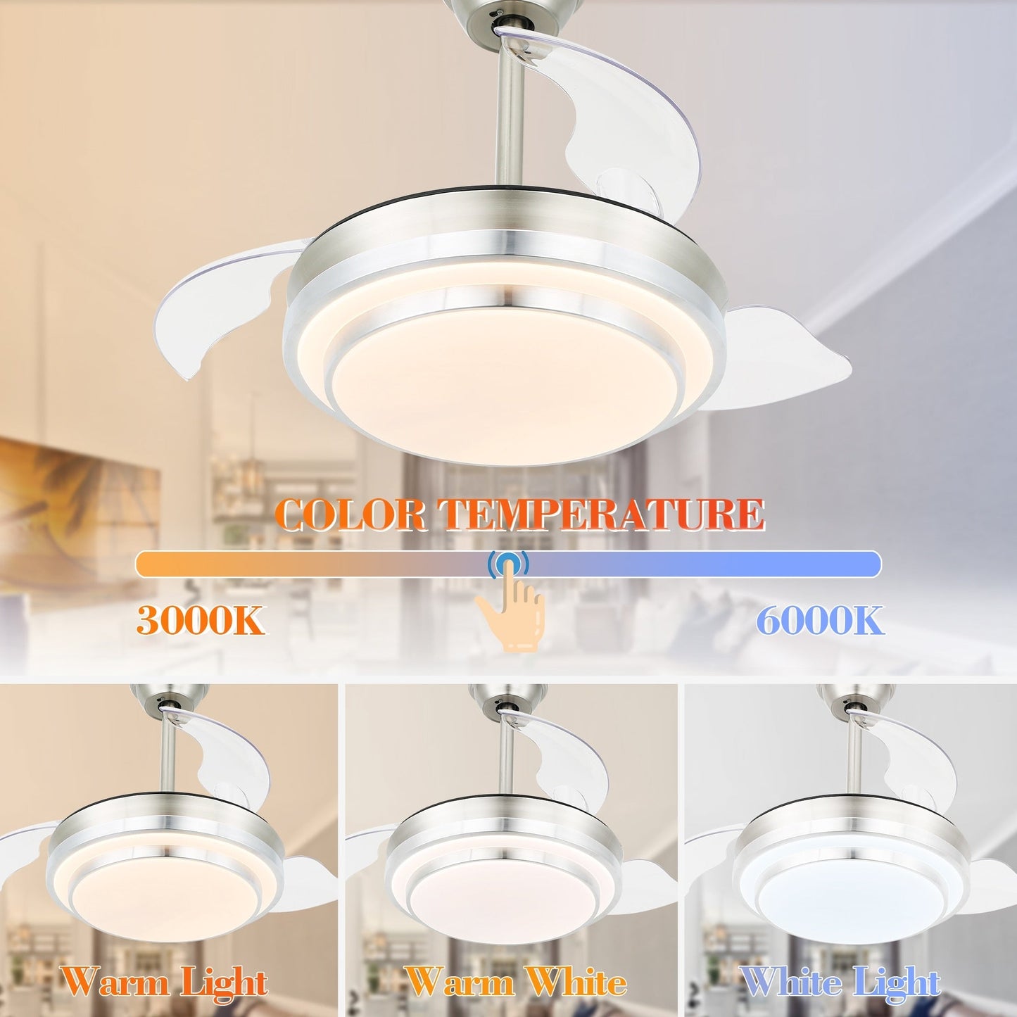 Ventilateur de plafond rétractable moderne Bella Depot 36 avec éclairage LED, pales réversibles à 6 vitesses et télécommande