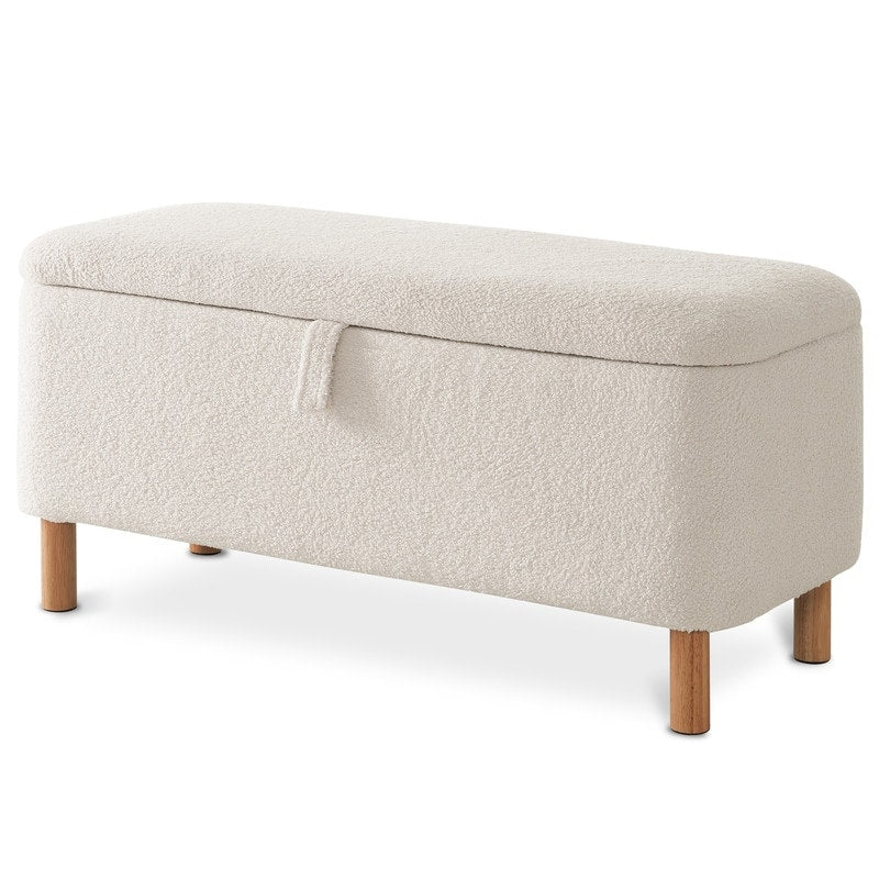 Banc ottoman de rangement en sherpa blanc cassé, repose-pieds, pour salon, chambre à coucher, pieds en bois