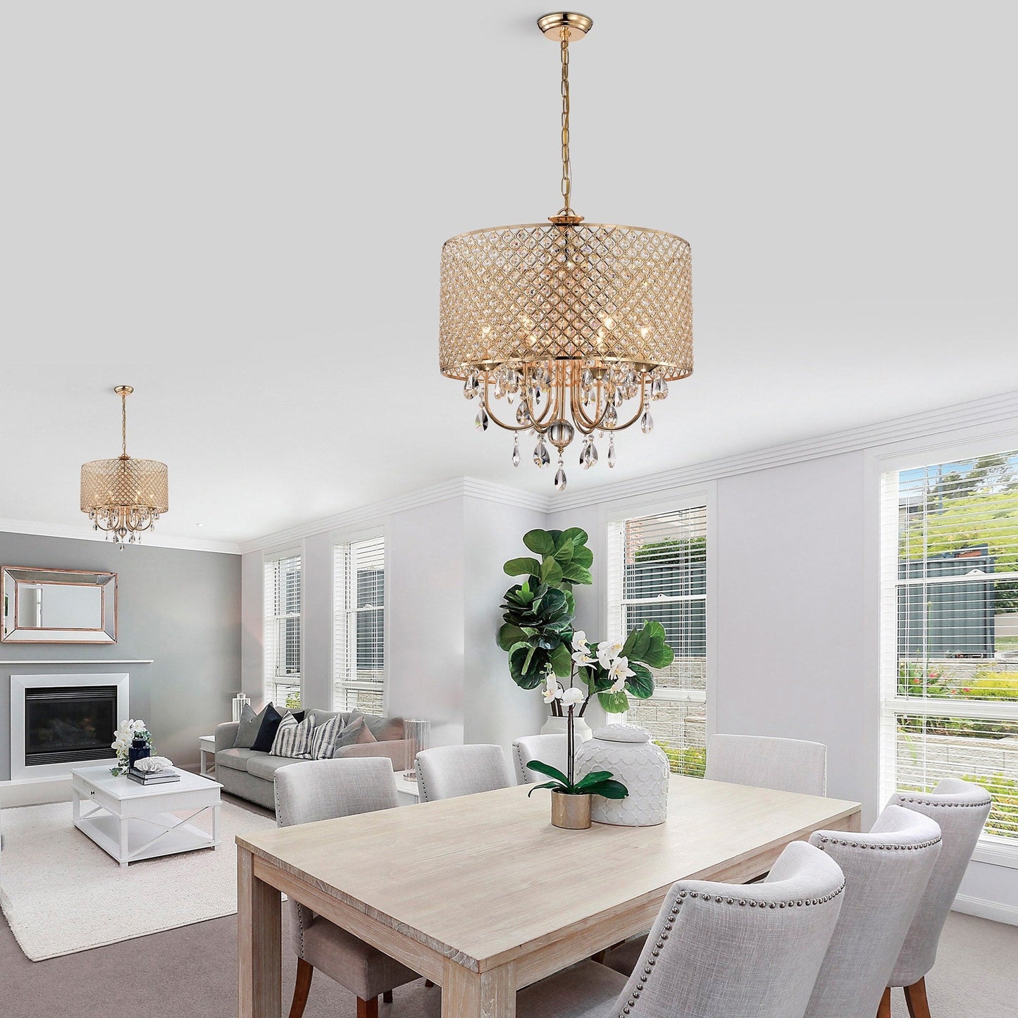 Lustre tambour à perles rondes avec cristaux suspendus