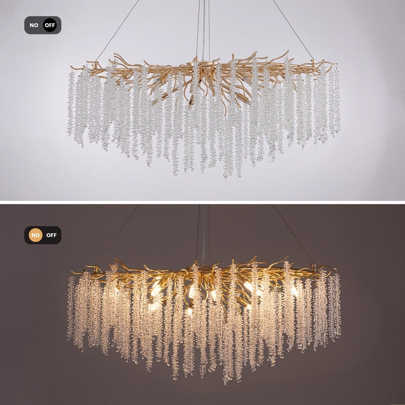 Lustre rectangulaire en cristal doré moderne de 40 po, branches d'arbre, luminaire suspendu pour îlot de cuisine, salle à manger