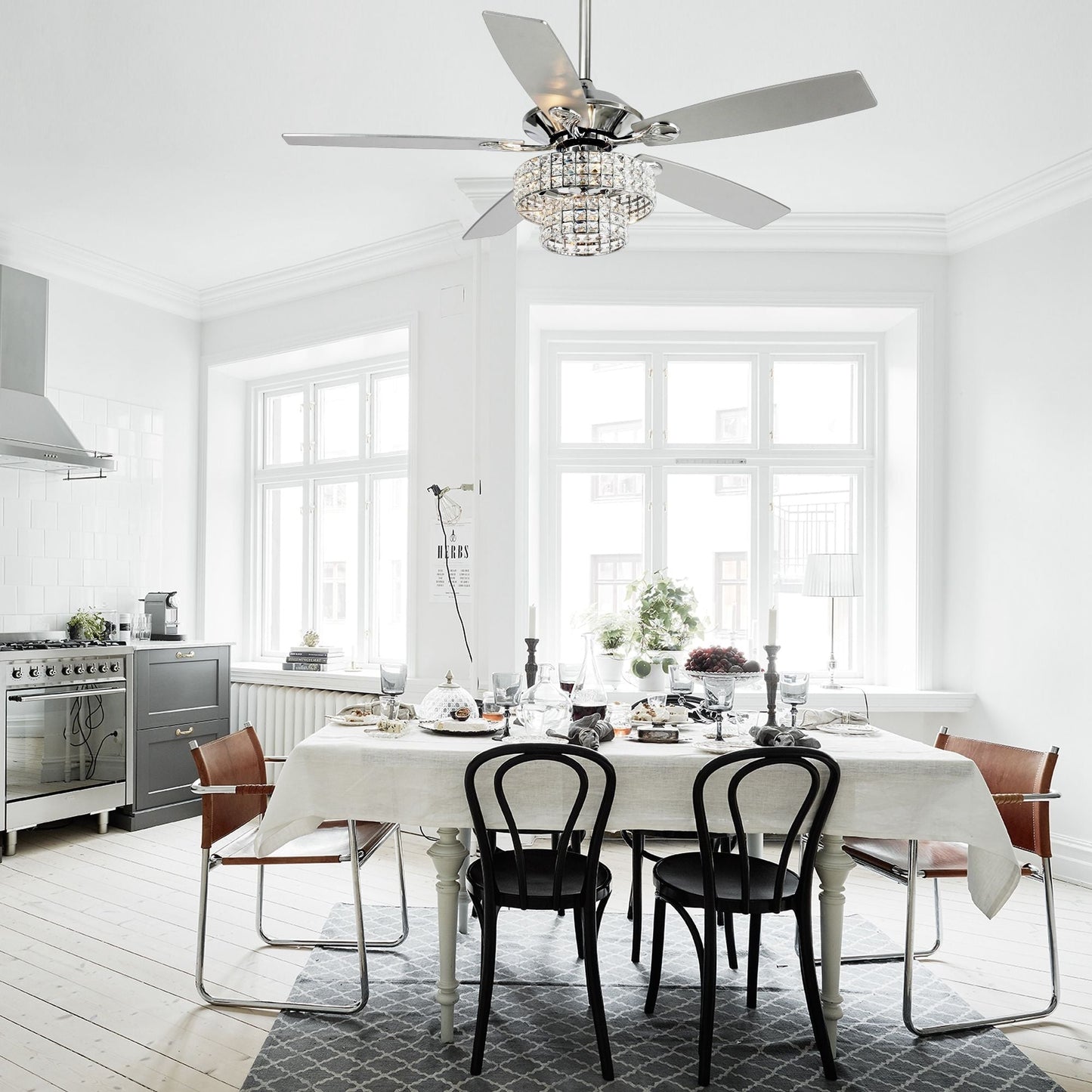 Ventilateur de plafond moderne en cristal et bois chromé de 52 pouces, 5 pales, avec télécommande