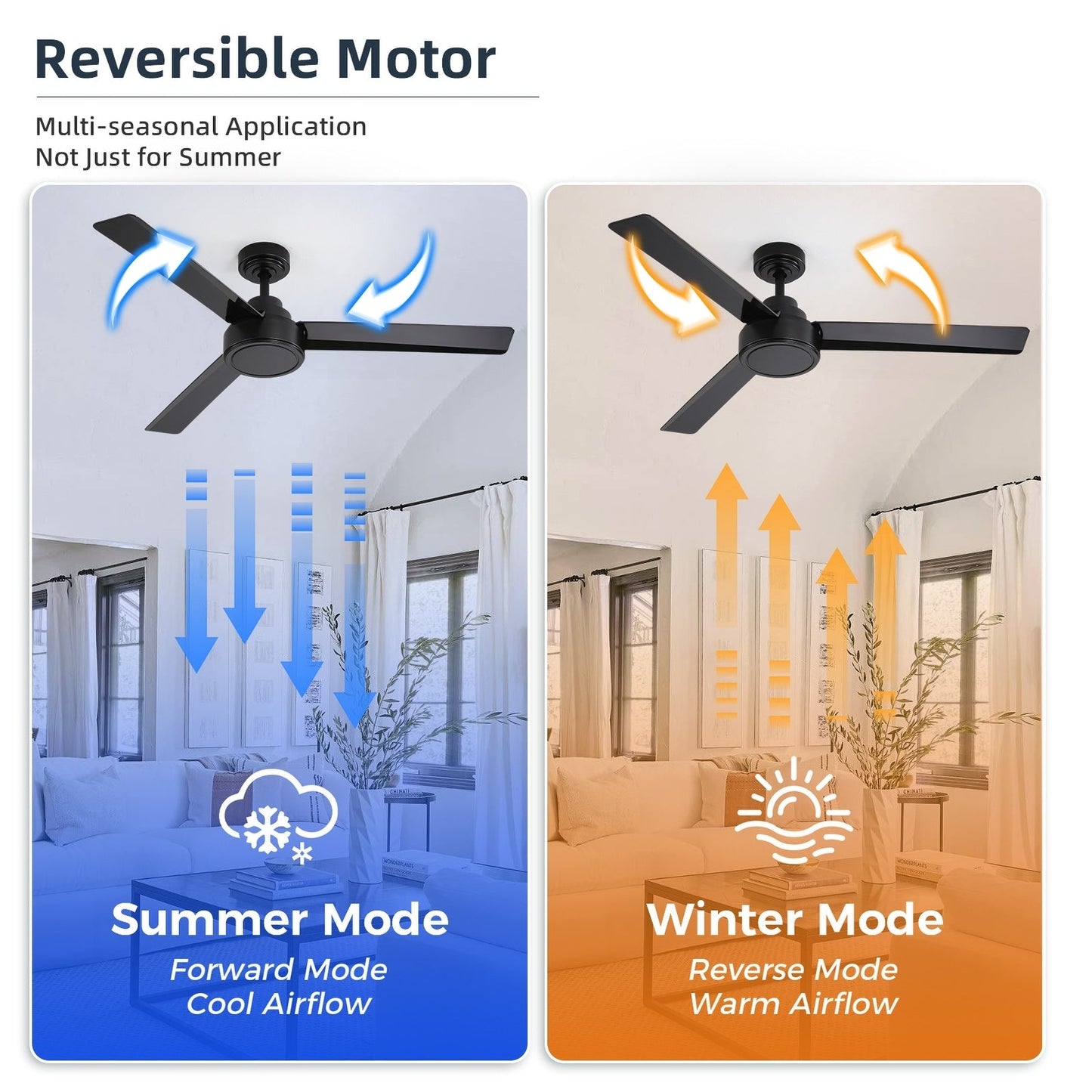 Ventilateur de plafond moderne en bois massif/ABS de 52 pouces avec télécommande (sans lumière), 6 vitesses de vent, flux d'air réversible