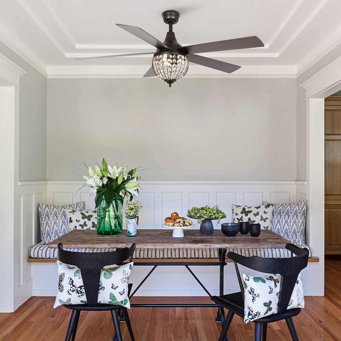 Ventilateur de plafond industriel en bois noir à 5 pales et cristal avec télécommande