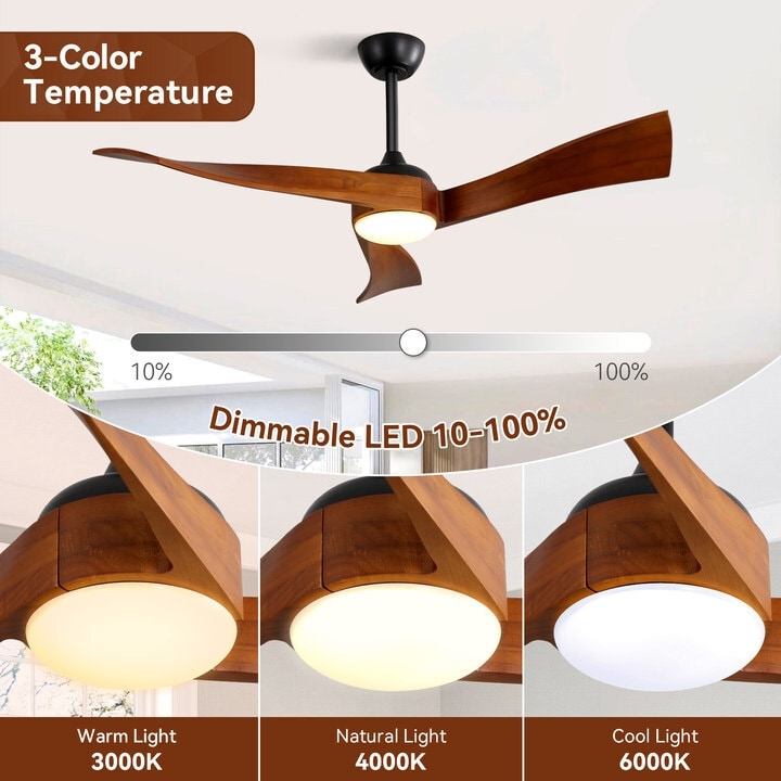 Ventilateurs de plafond à 3 pales en bois de 52 pouces avec éclairage LED à intensité variable et télécommande, moteur CC réversible à 6 vitesses