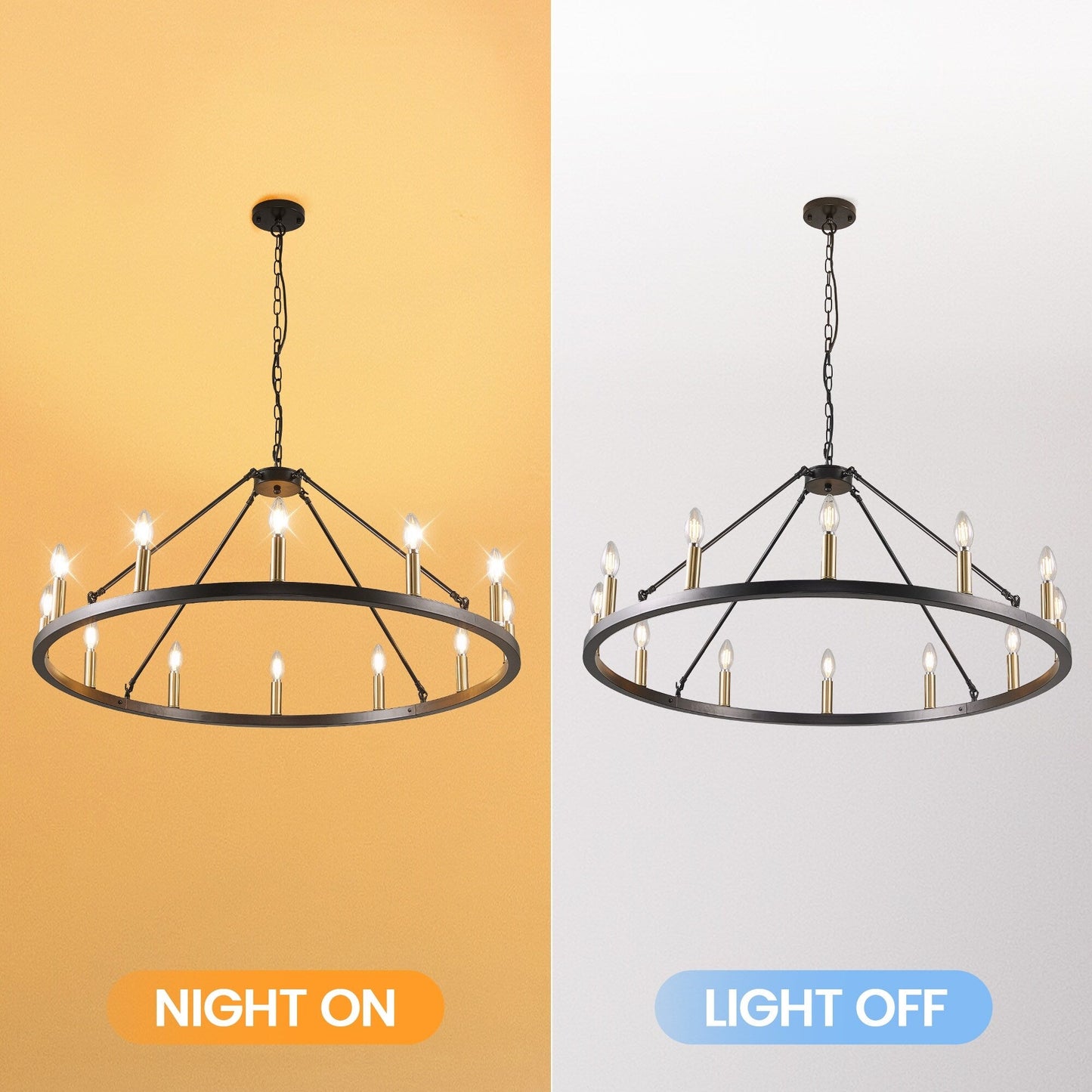 Lustre rond à 24 lumières en forme de roue de chariot de 54 pouces