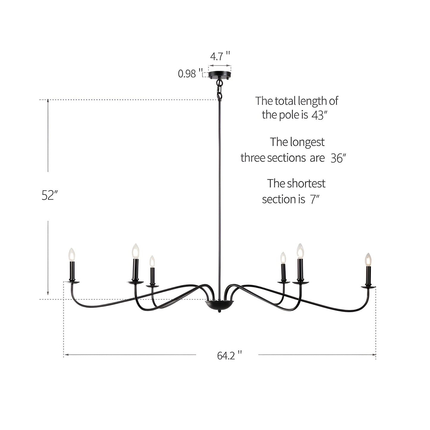 Lustre minimaliste à 6 lumières de 64 pouces, noir mat, or et chrome - N/A