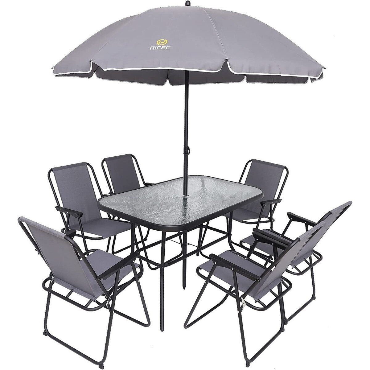 Ensemble de salle à manger de jardin 8 pièces, table de jardin d'extérieur avec parasol amovible, table en verre et 6 chaises pliantes