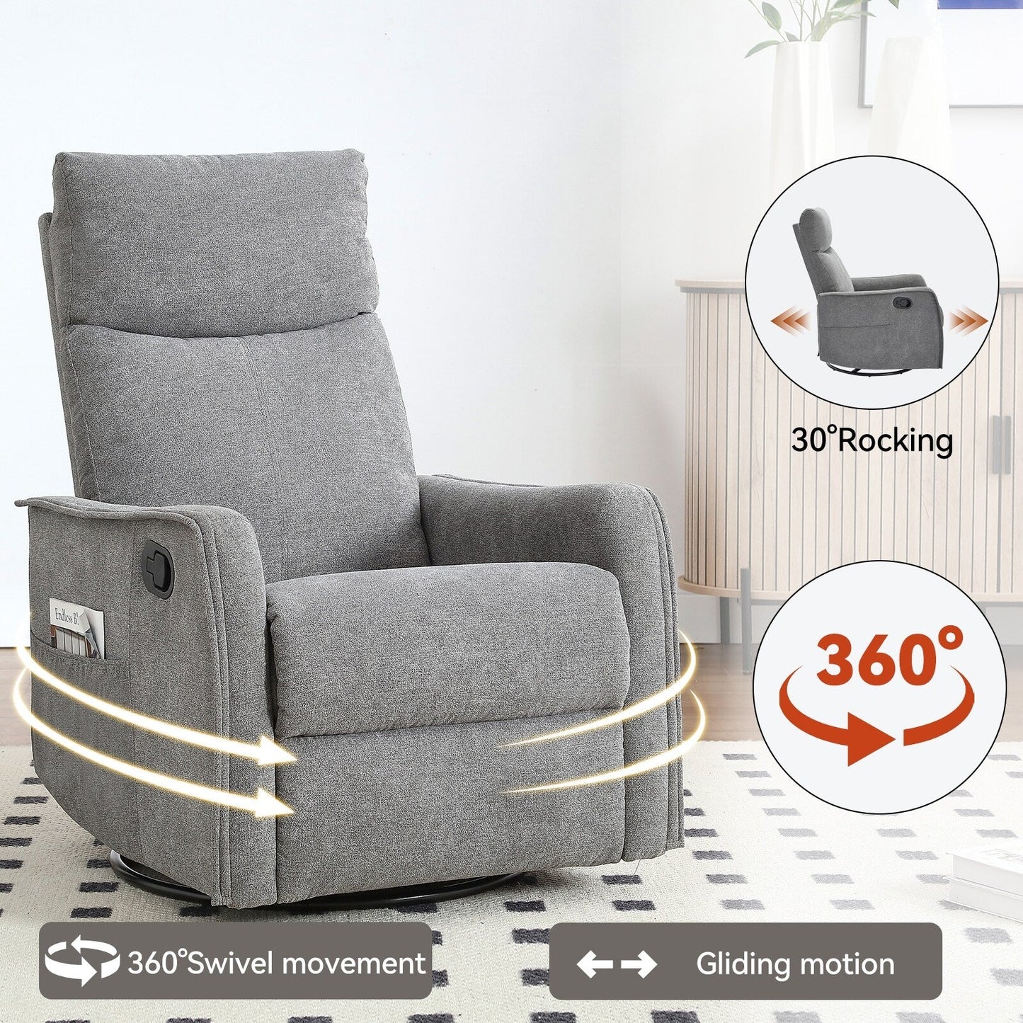Fauteuil inclinable manuel à 8 points de massage, fauteuil à bascule pivotant en tissu, fauteuil simple avec bascule et chauffage lombaire