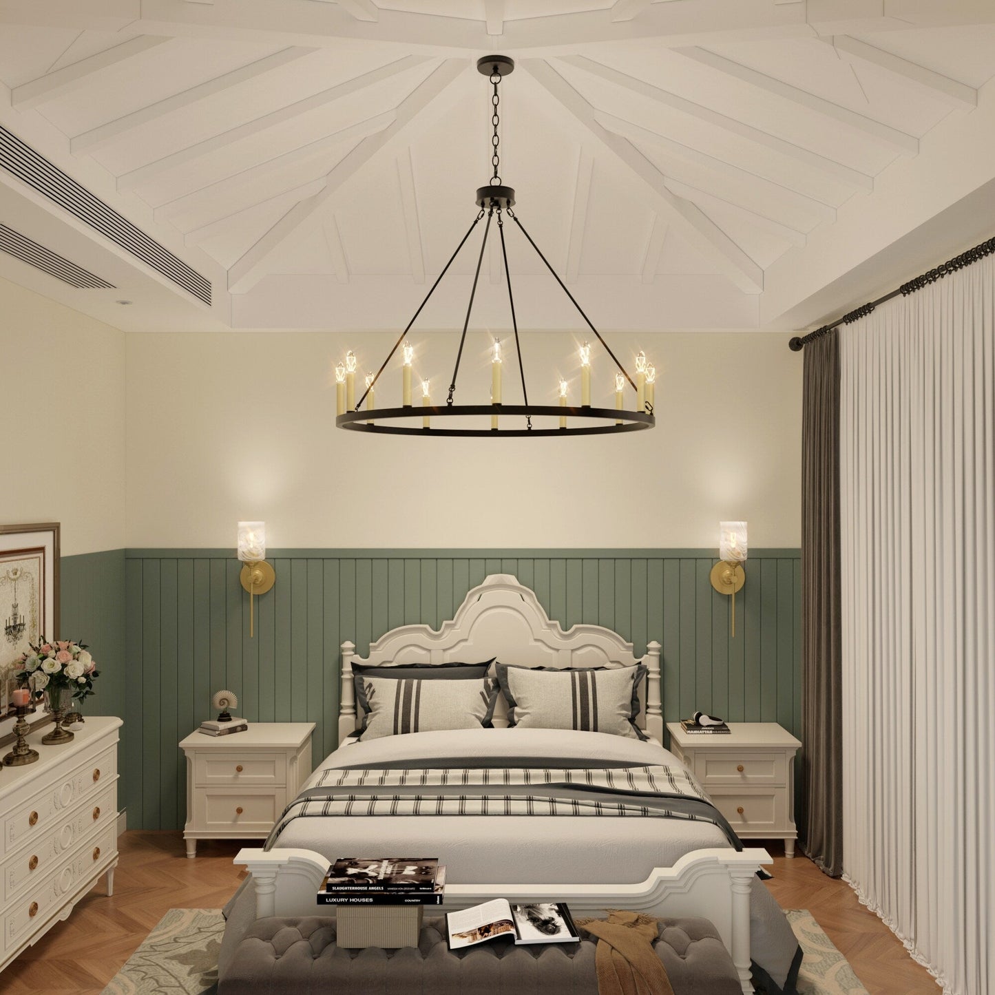 Lustre Acroma Farmhouse à 12 lumières, 40 po, en forme de roue de chariot, certifié UL - 40 po P x 138 po H