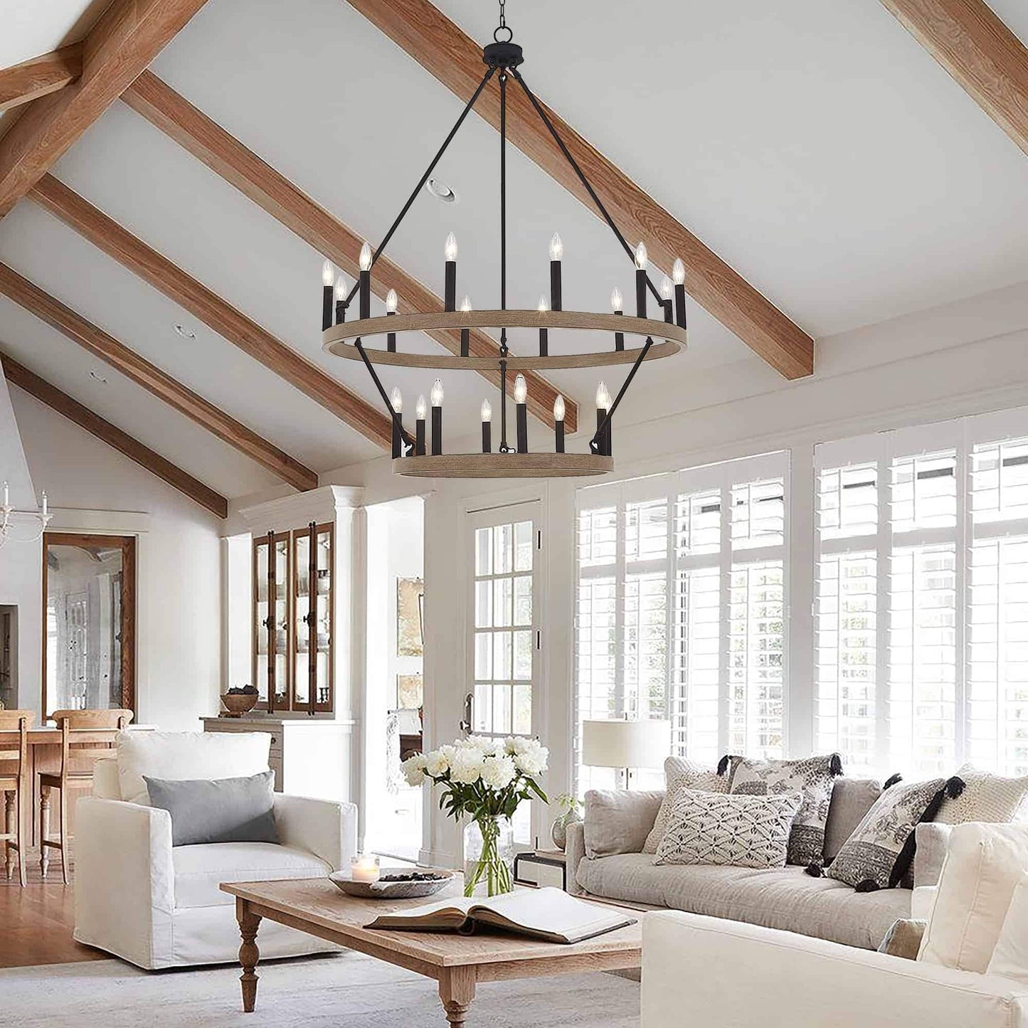 Lustre rond en forme de roue de chariot de style ferme moderne Acroma à 20 lumières de 40 po avec UL