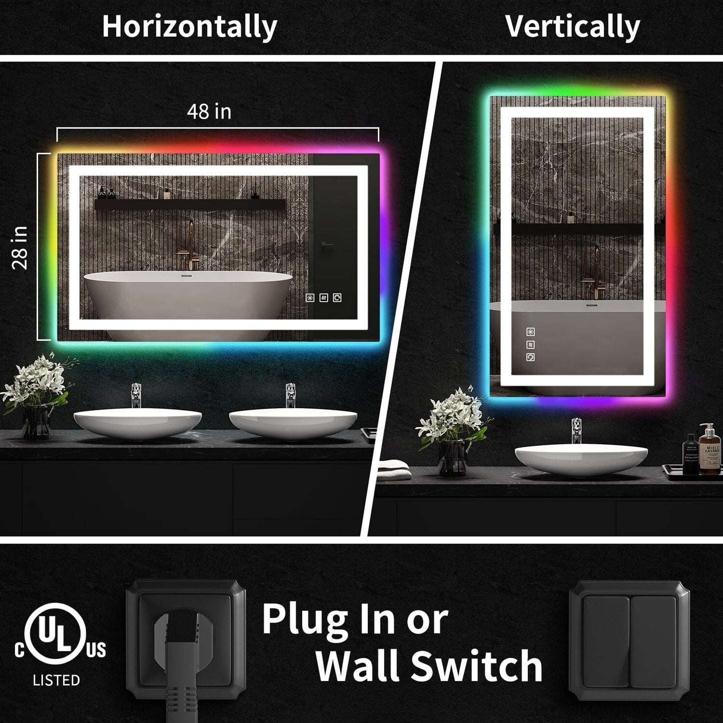 Miroir de salle de bain antibuée rétroéclairé RVB et à éclairage frontal LED