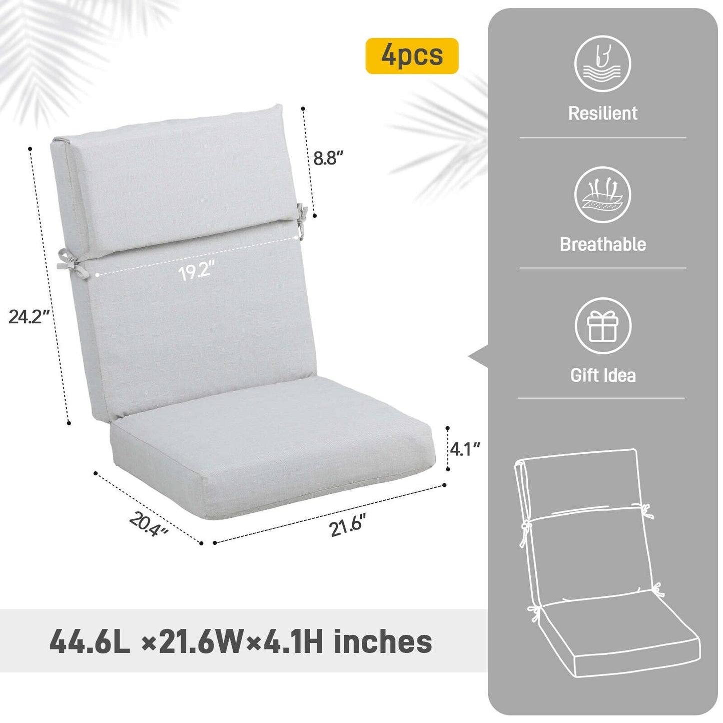 Lot de 4 coussins de chaise à dossier haut Aoodor Patio, 46 x 21 x 4 pouces (coussins uniquement)