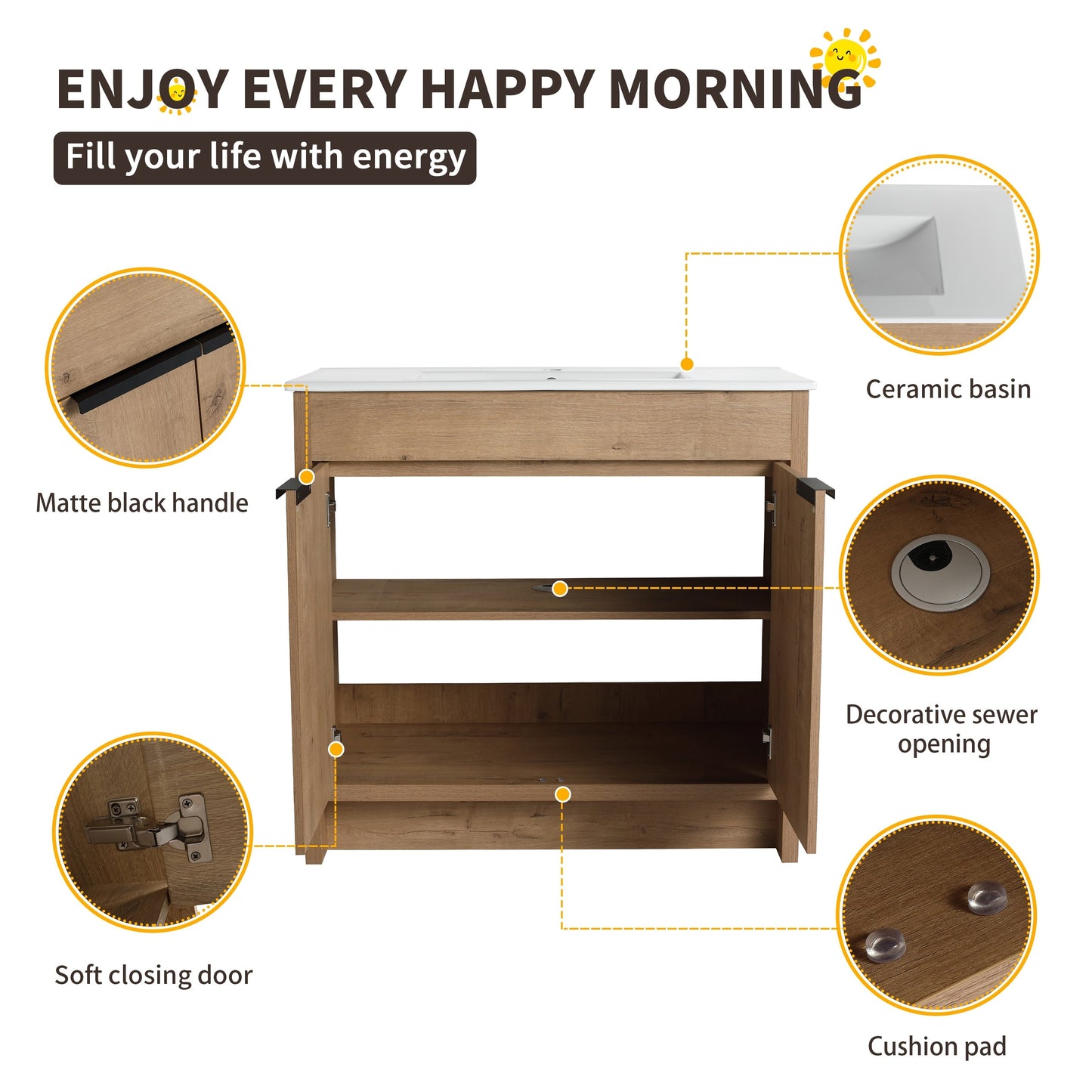 Beingnext Meuble-lavabo 24/30/36 avec porte à fermeture douce et étagère réglable