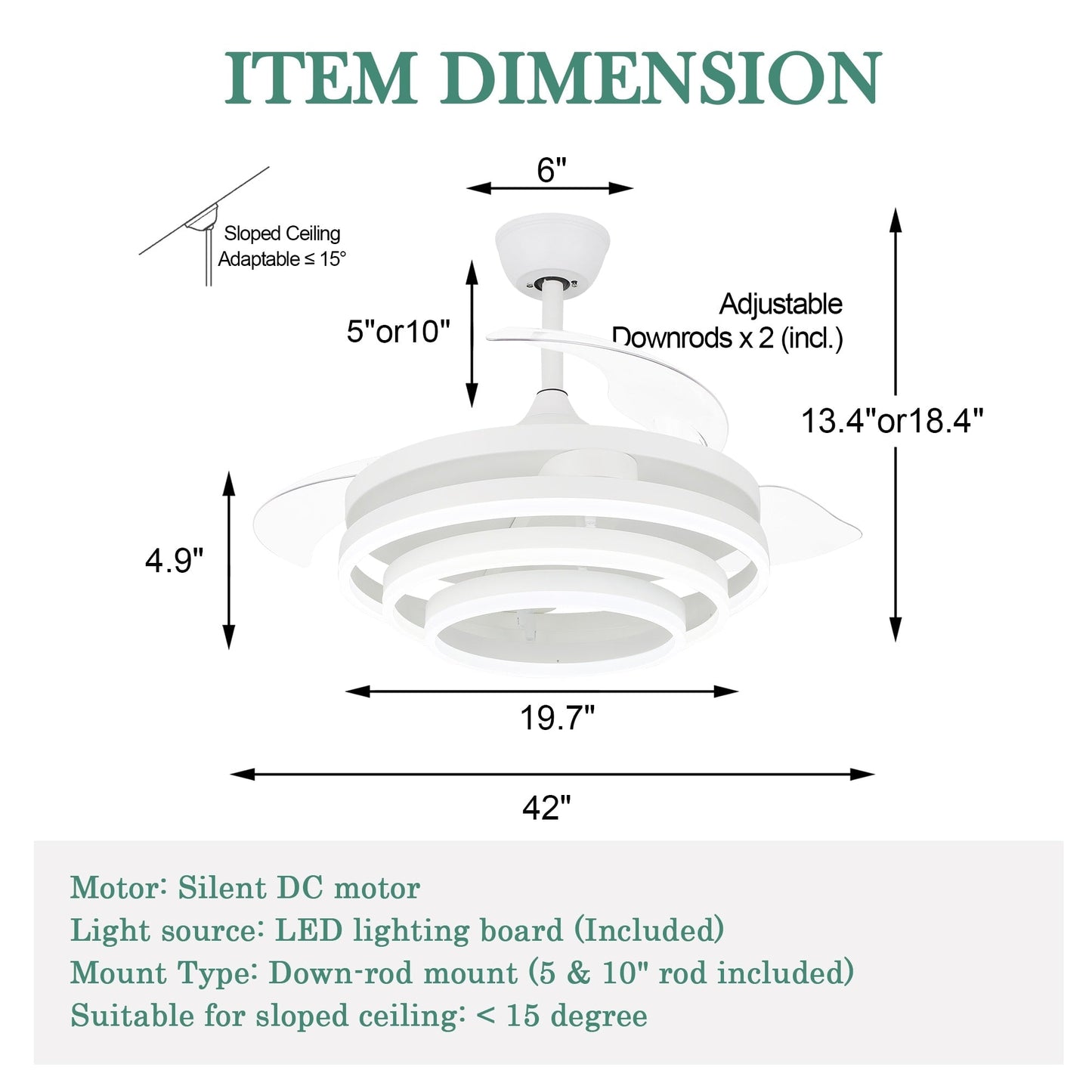 Ventilateur de plafond rétractable Cusp Barn 42 avec lumières et télécommande DIY Forme Fandelier Moderne Silencieux Moteur CC Plafonnier LED