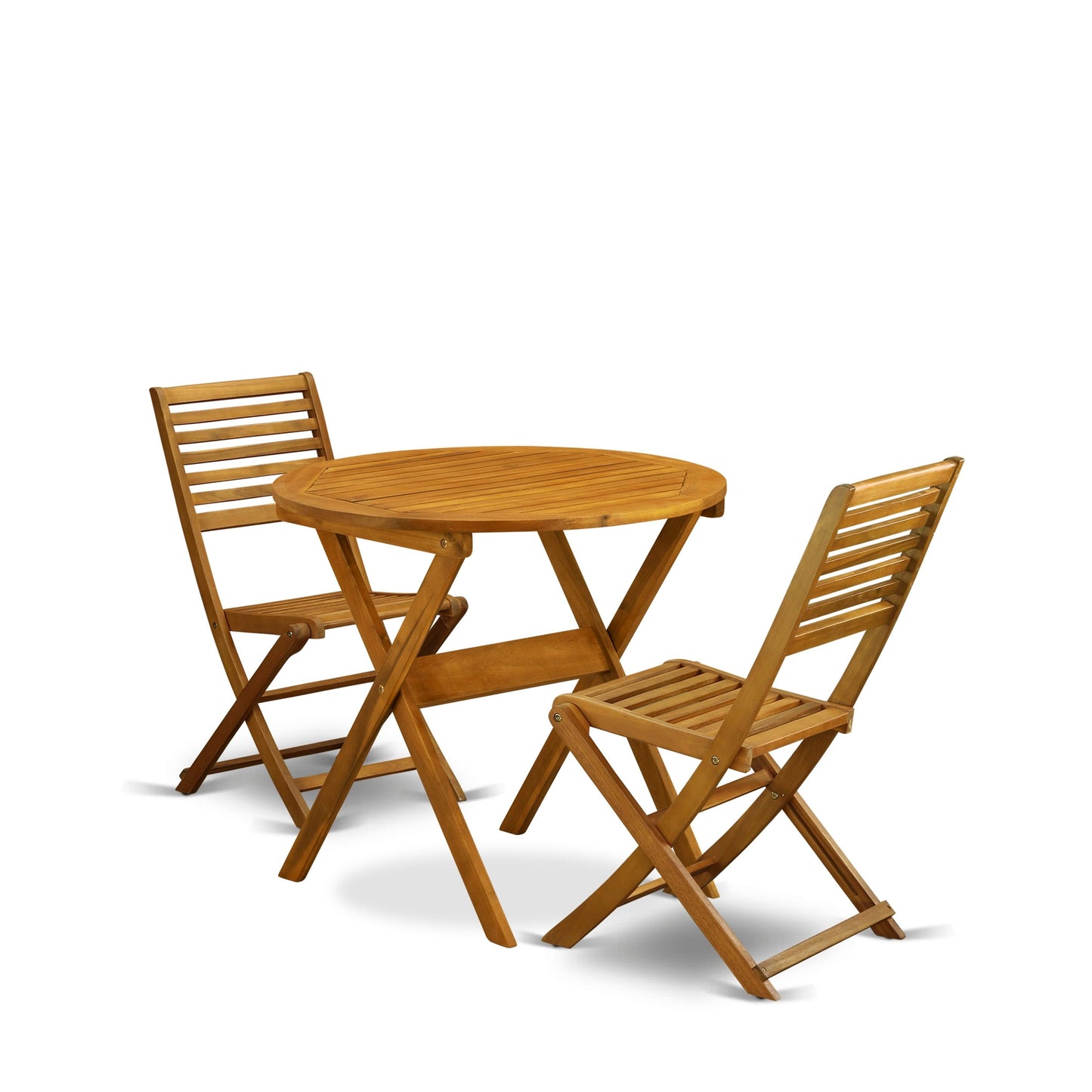 L'ensemble de bistrot de conversation d'extérieur East West Furniture comprend une table basse ronde en bois et 2 chaises pliantes, huile naturelle