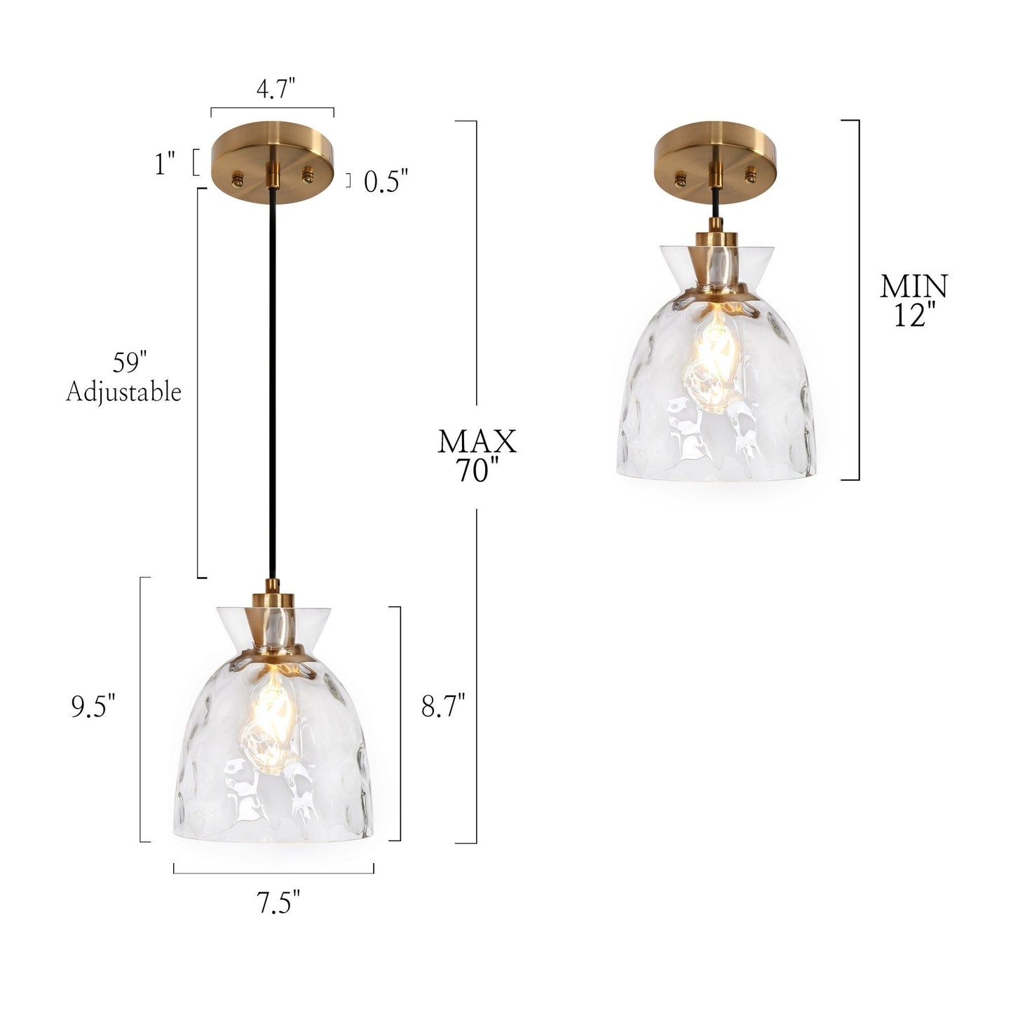 Suspension moderne du milieu du siècle Elisie à 1 ampoule en verre martelé avec dôme en cascade pour cuisine, îlot de cuisine, salle à manger