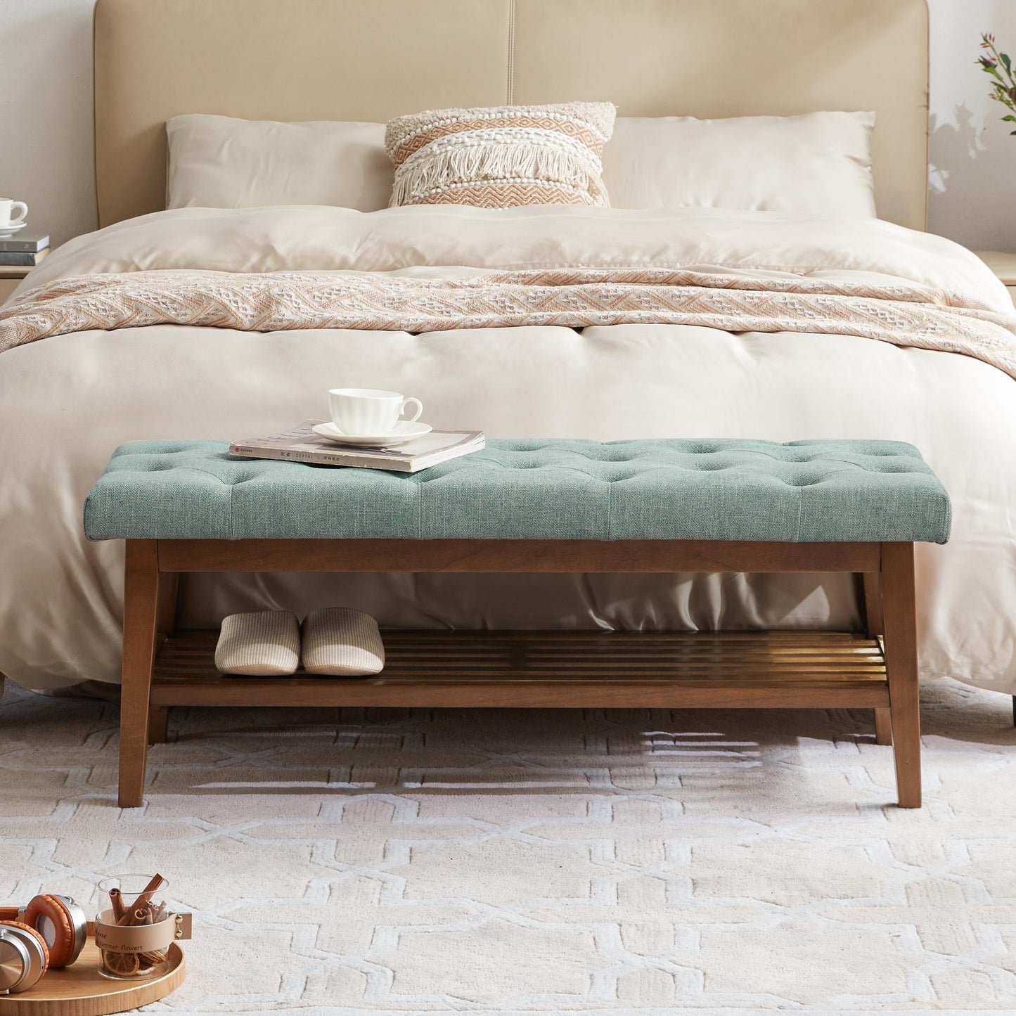 Banc à chaussures d'entrée, banc de rangement en tissu et bois massif, banc rembourré de 43 pouces pour salon et chambres