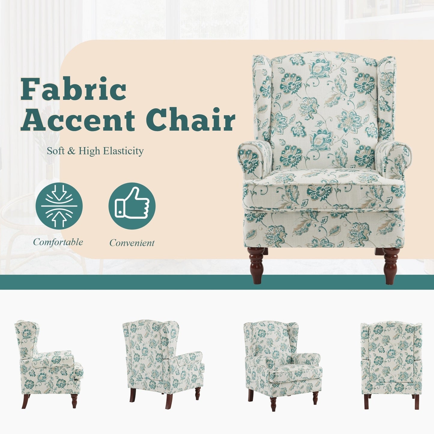 Fauteuil d'appoint moderne Erommy, fauteuil à dossier haut, canapé simple en tissu rembourré avec pieds en bois pour le salon