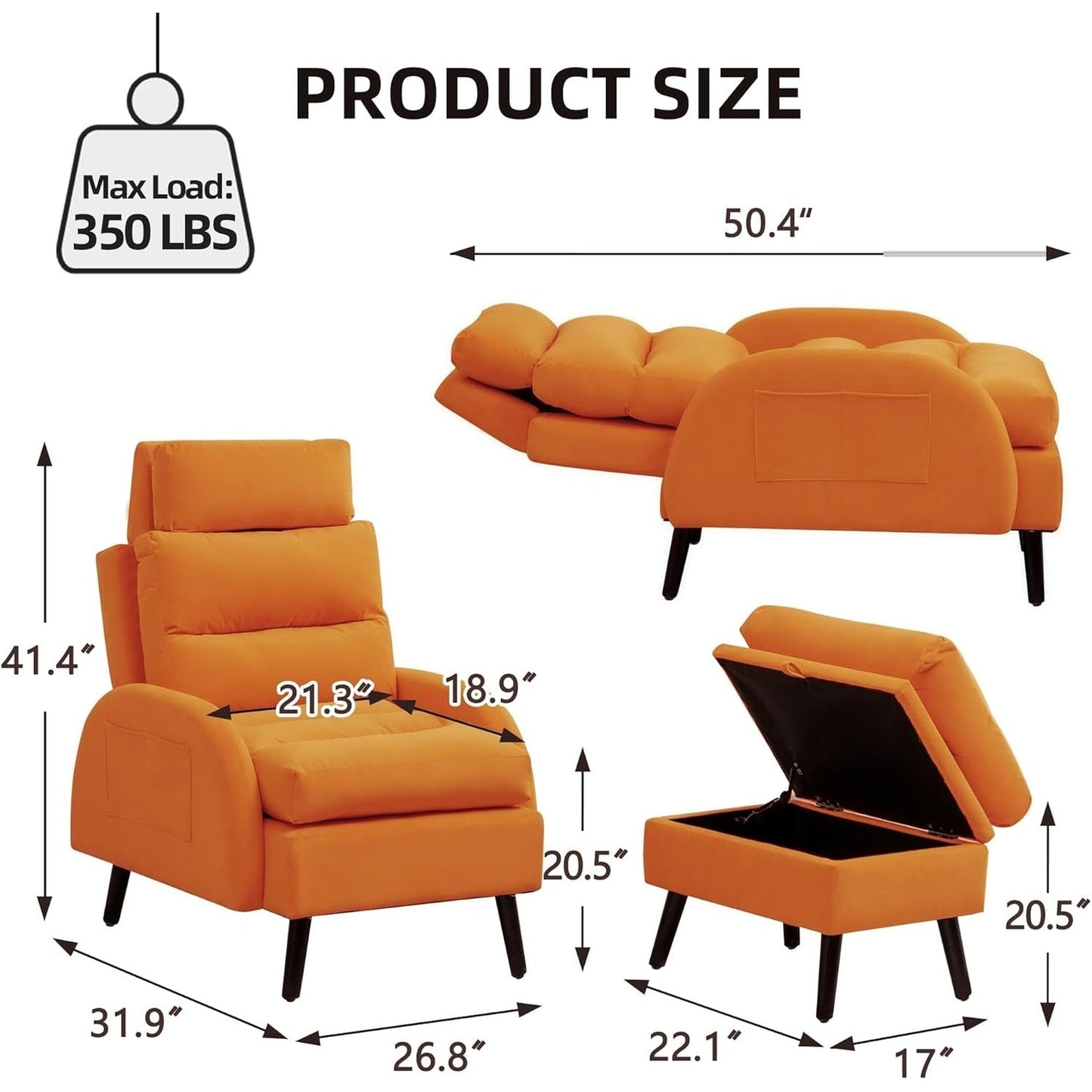 Fauteuil d'appoint HOMYKA avec dossier réglable et pouf de rangement