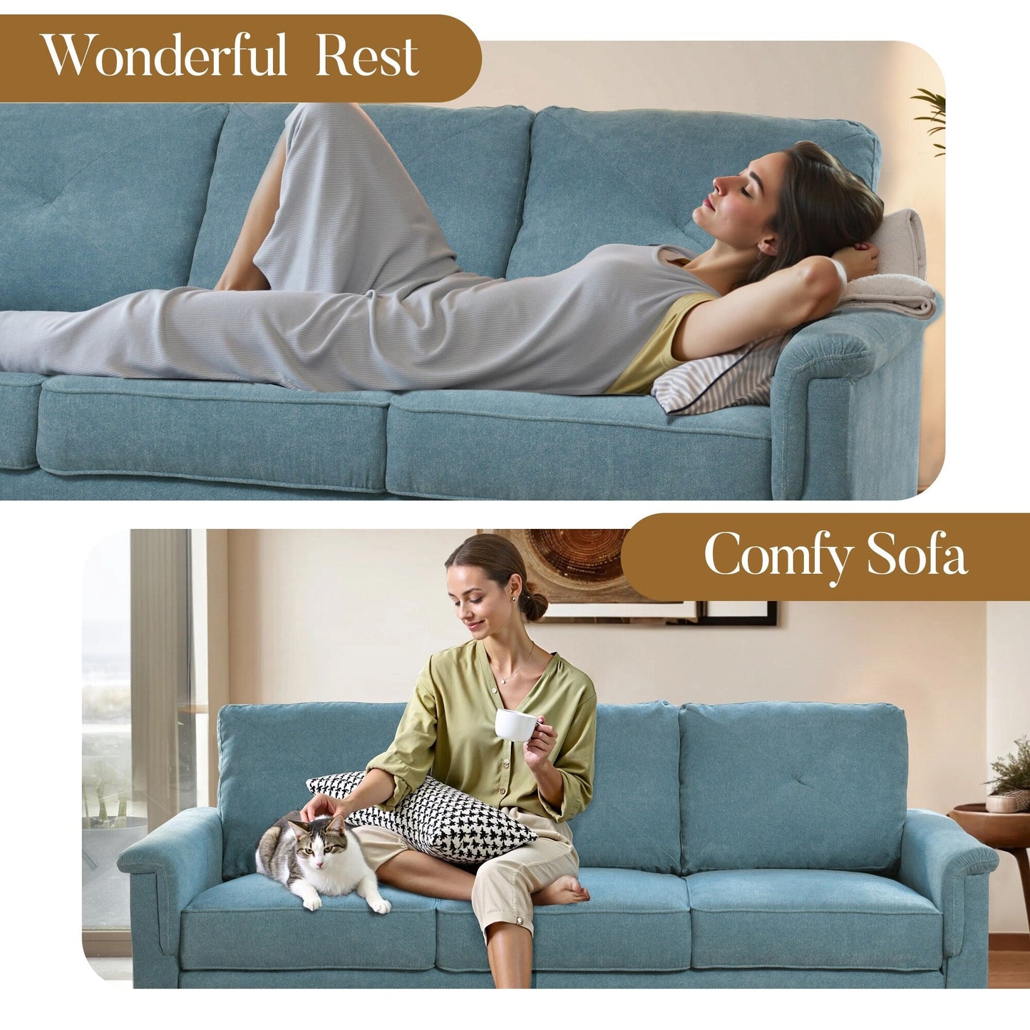 Canapé 3 places rembourré HOOOWOOO style milieu de siècle avec pieds en bois pour salon