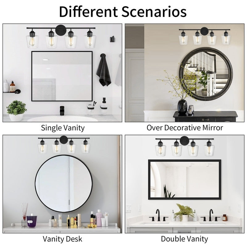 KAWOTI Lampe de salle de bain en métal à 4 lumières et abat-jour en verre à intensité variable