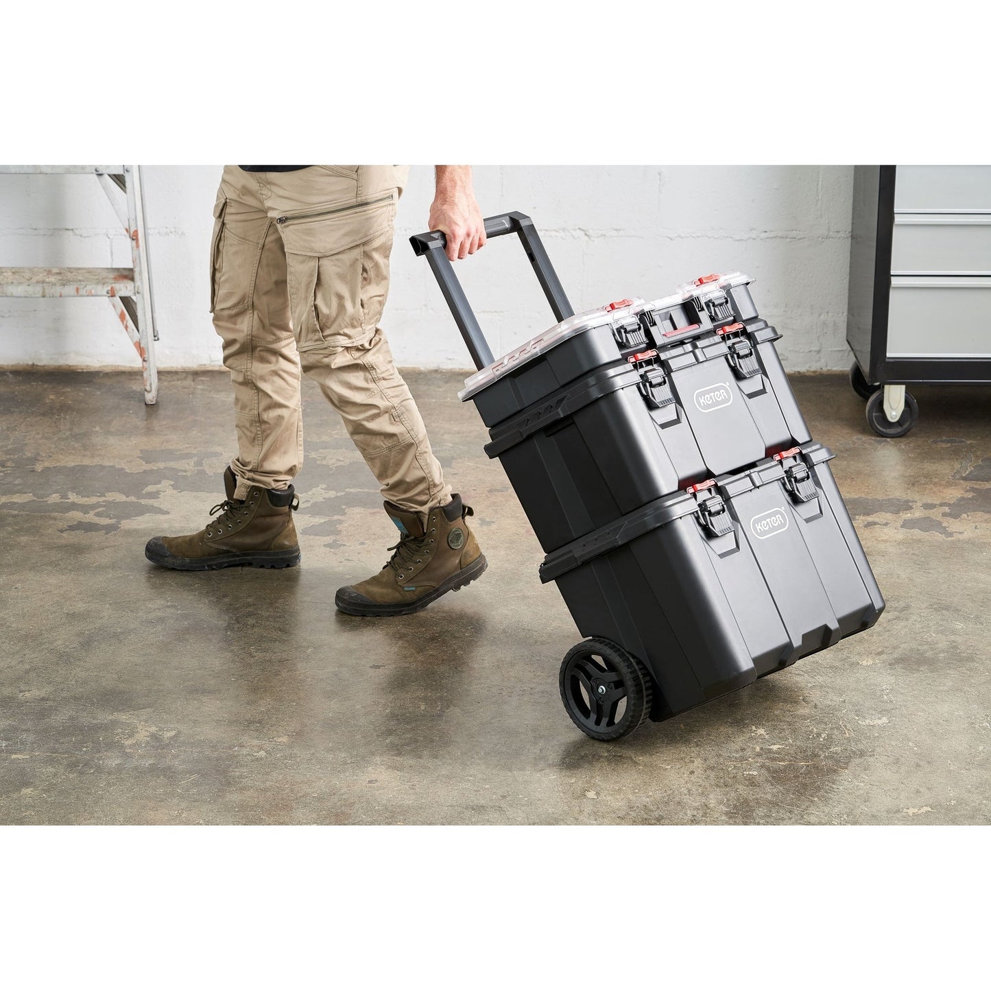 Boîte à outils mobile 3 pièces Keter Stack-n-Roll, rangement et organisation d'outils, système de boîte à outils modulaire en résine durable