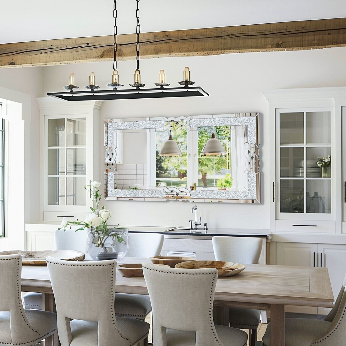 Grand miroir mural emboîtable avec perles de cristal rectangulaires