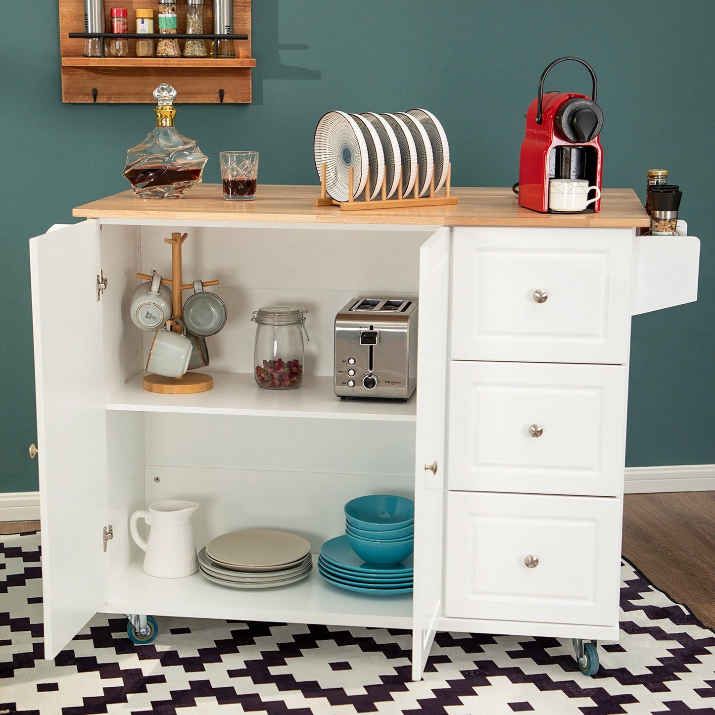 Desserte de cuisine Sophia & William avec abattant et plateau en bois d'hévéa, desserte de cuisine roulante avec grand meuble de rangement