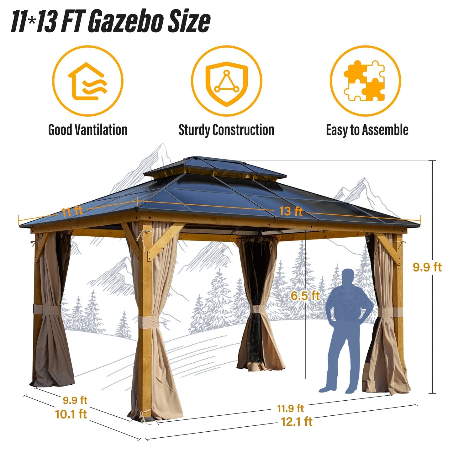 Gazebo à toit rigide EROMMY, pergola d'extérieur avec double toit, filet et rideaux, auvent robuste pour patio, arrière-cour, fête au bord de la piscine
