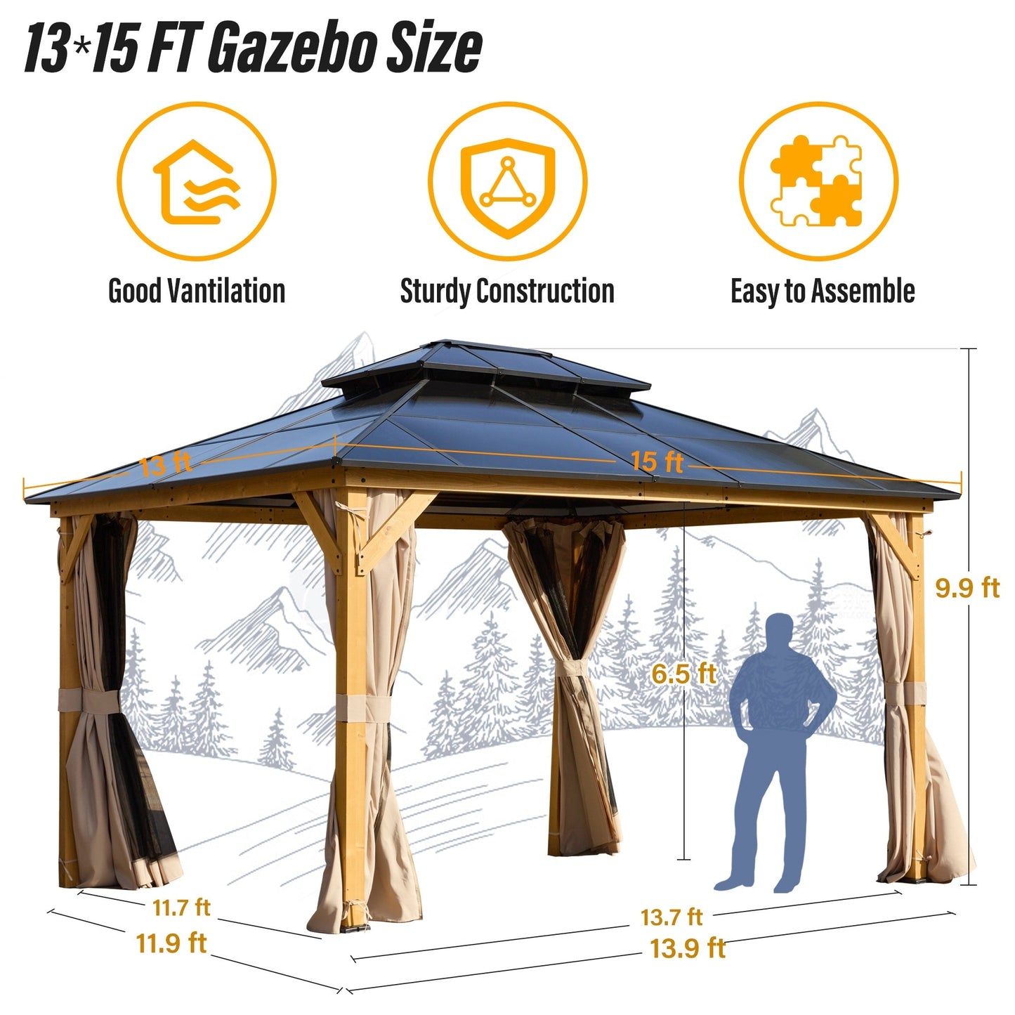Gazebo à toit rigide EROMMY, pergola d'extérieur avec double toit, filet et rideaux, auvent robuste pour patio, arrière-cour, fête au bord de la piscine
