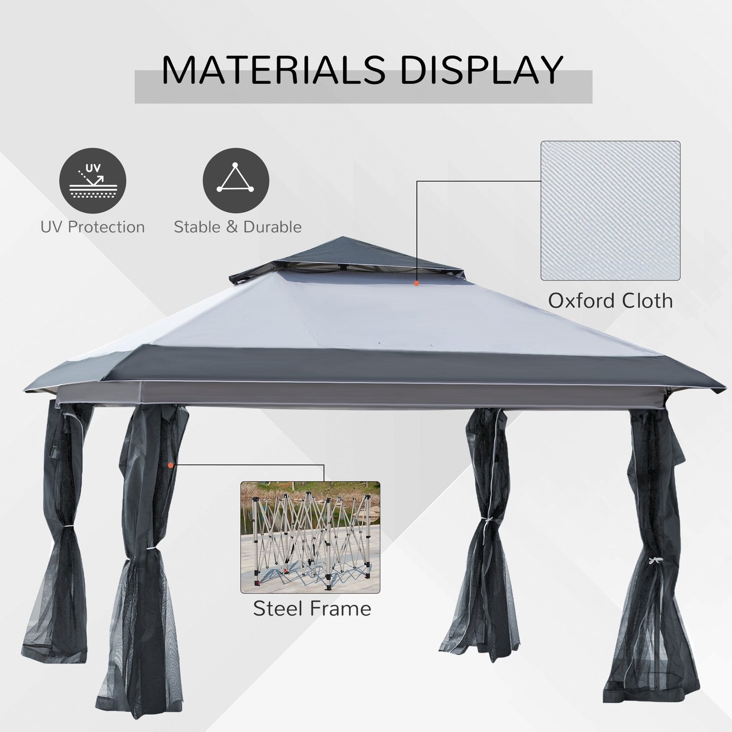 Outsunny 12' x 12' Pop Up Canopy Sun Shade Tente instantanée pliable avec filet latéral en maille, hauteur réglable sur 3 niveaux