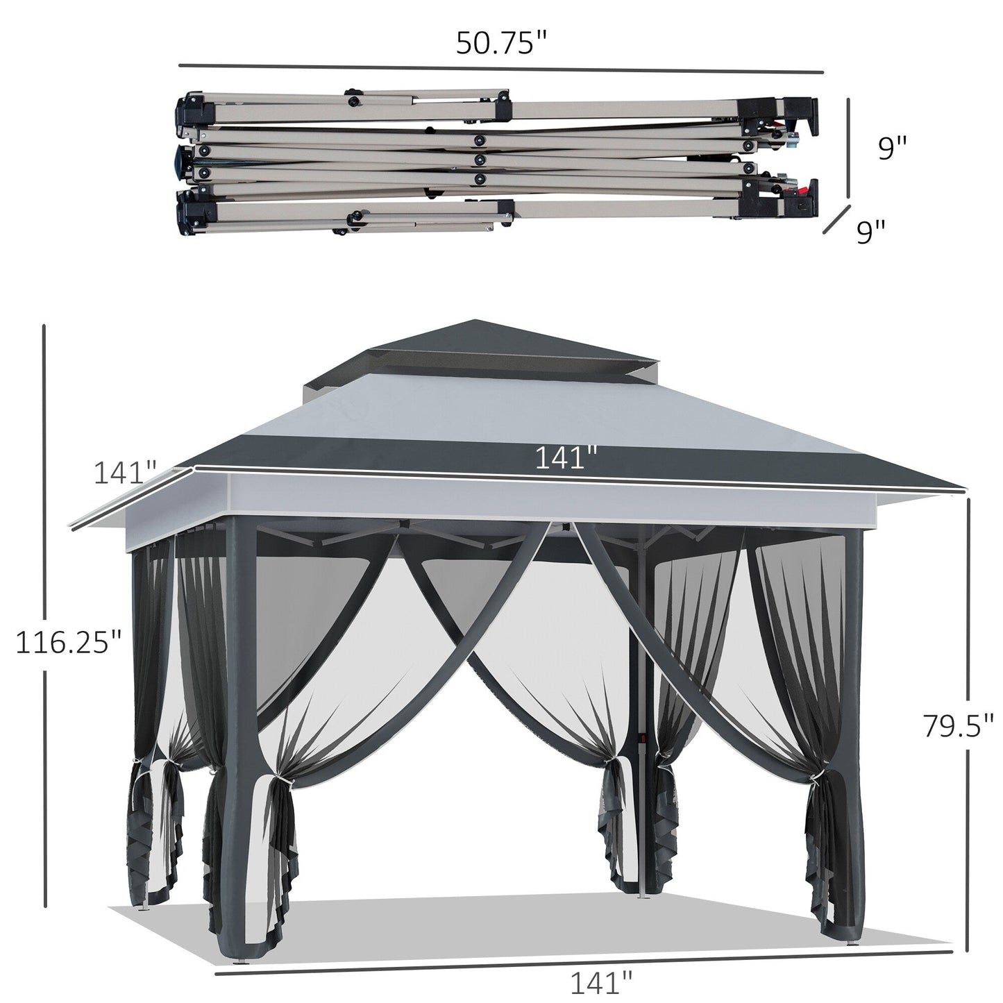 Outsunny 12' x 12' Pop Up Canopy Sun Shade Tente instantanée pliable avec filet latéral en maille, hauteur réglable sur 3 niveaux