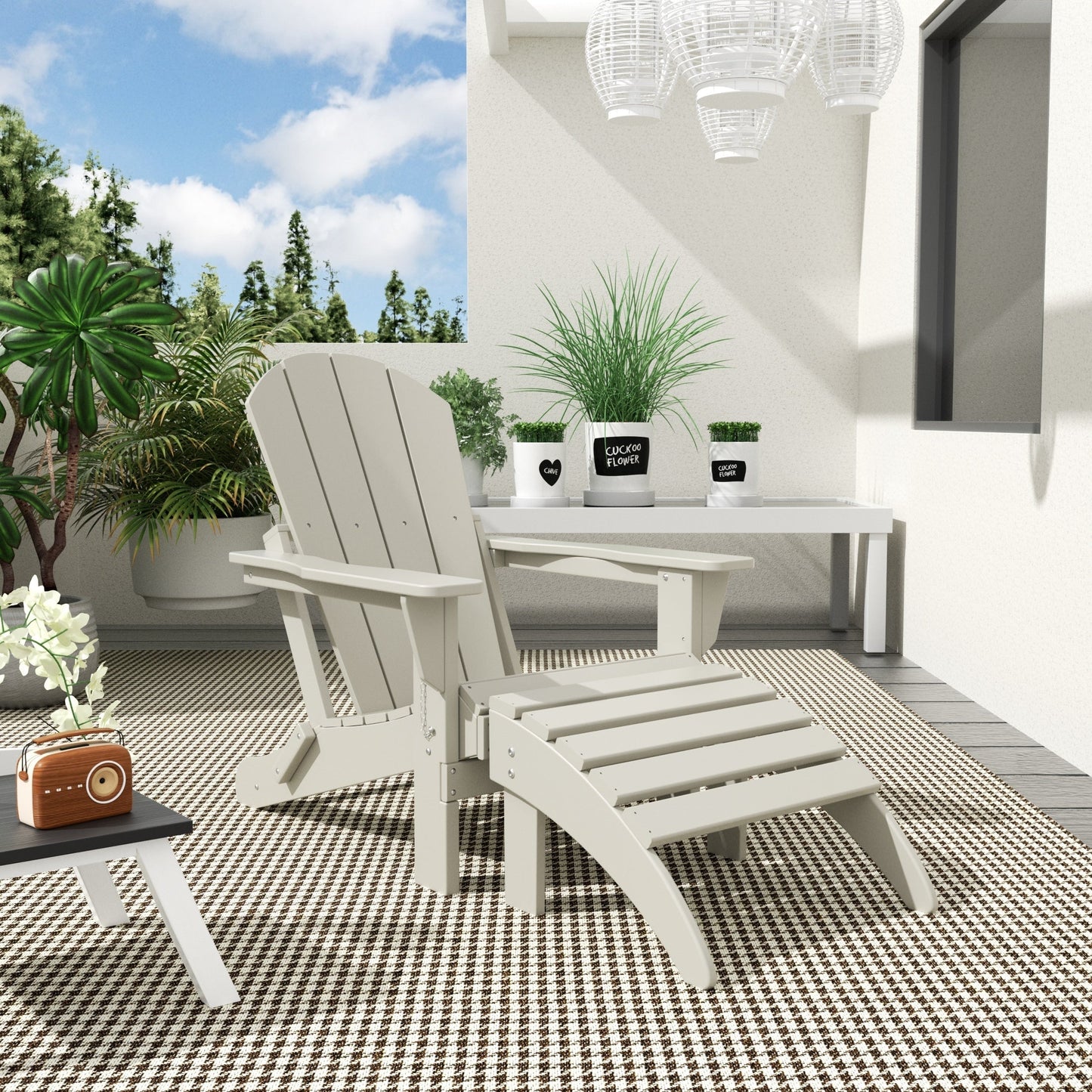 Chaise Adirondack pliable Polytrends Laguna en PEHD pour terrasse extérieure toutes saisons avec pouf (ensemble 2 pièces)