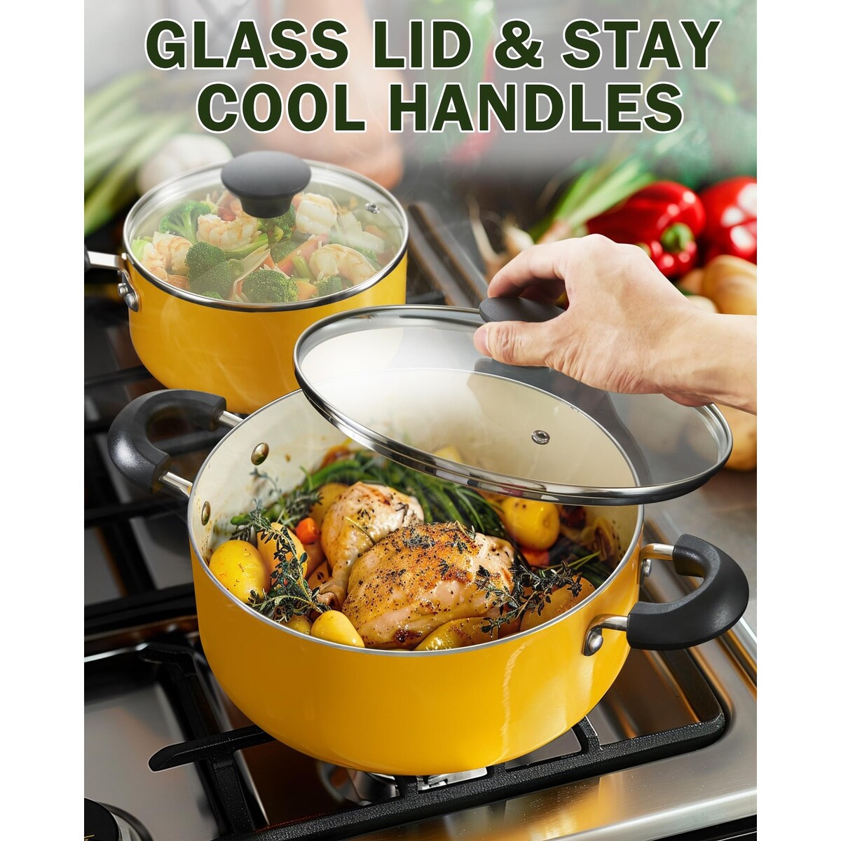 Ensemble de casseroles et poêles antiadhésives, batterie de cuisine en céramique 10 pièces, ensemble de cuisson antiadhésif avec casseroles