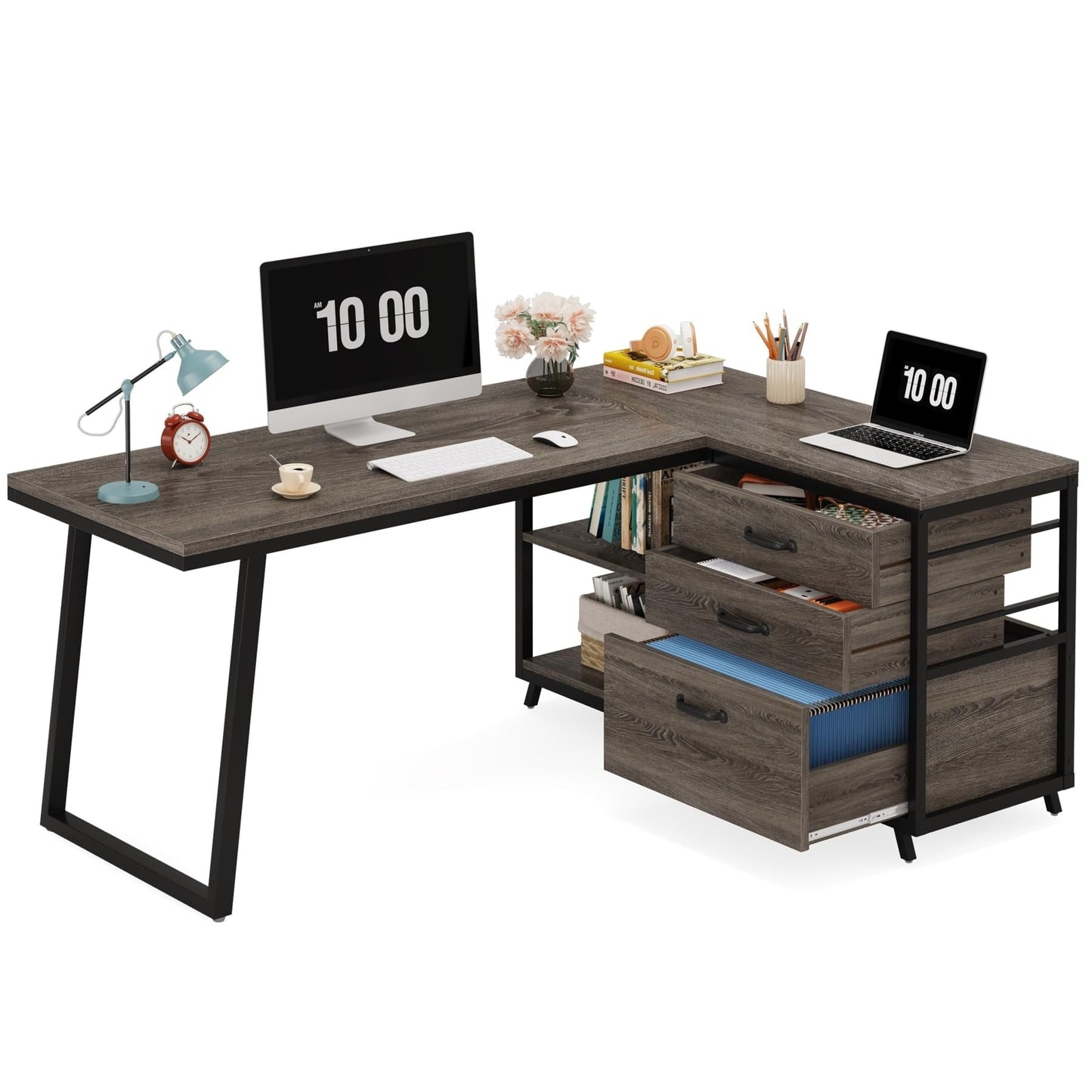 Bureau réversible en L avec tiroirs classeurs, bureau d'angle pour ordinateur