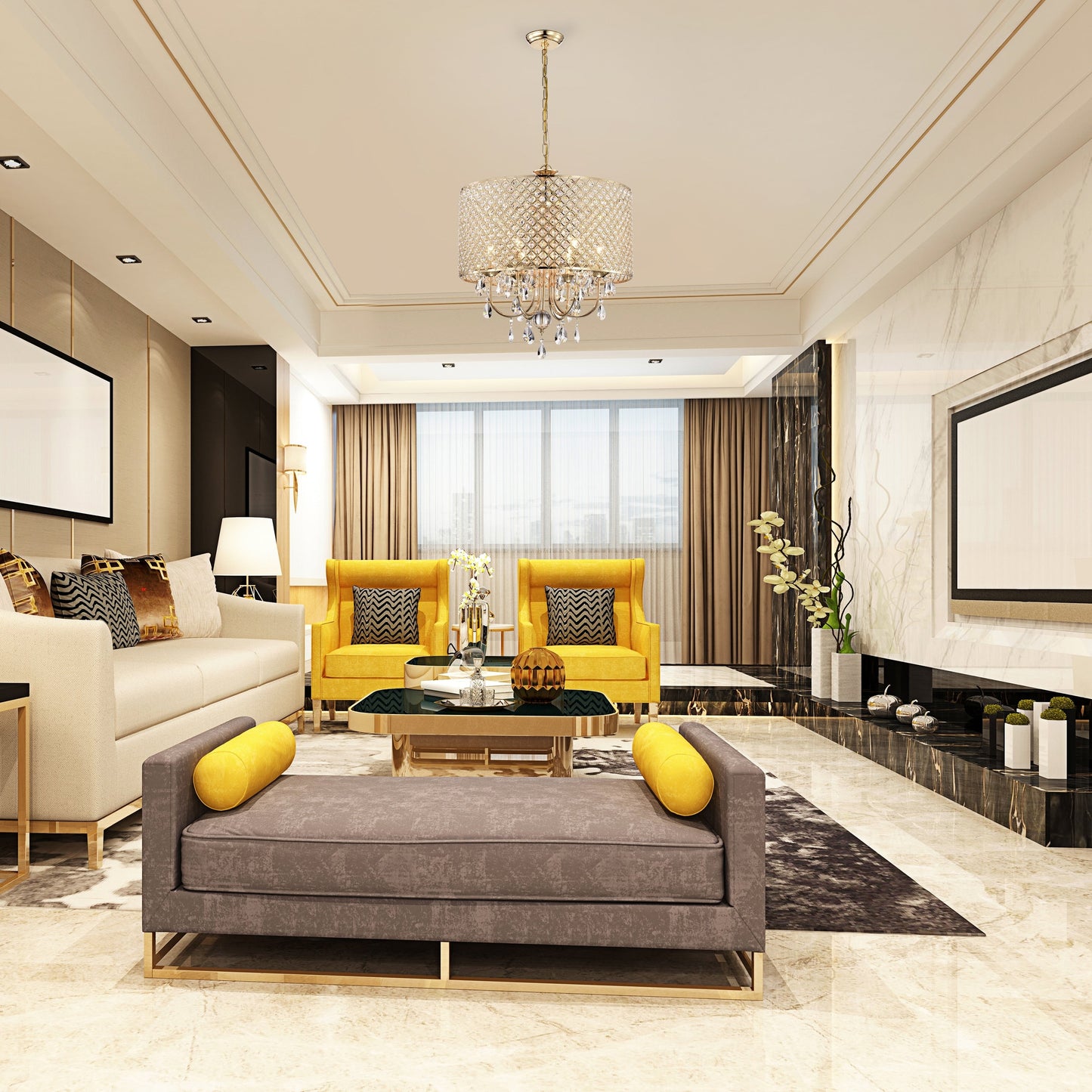 Lustre tambour à perles rondes avec cristaux suspendus